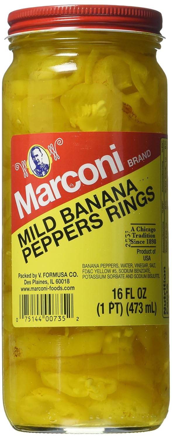 Marconi Mild Banana Pepper Rings | Sliced Pickled Peppers for Sandwiches, Pizza, Salads & More | 16oz