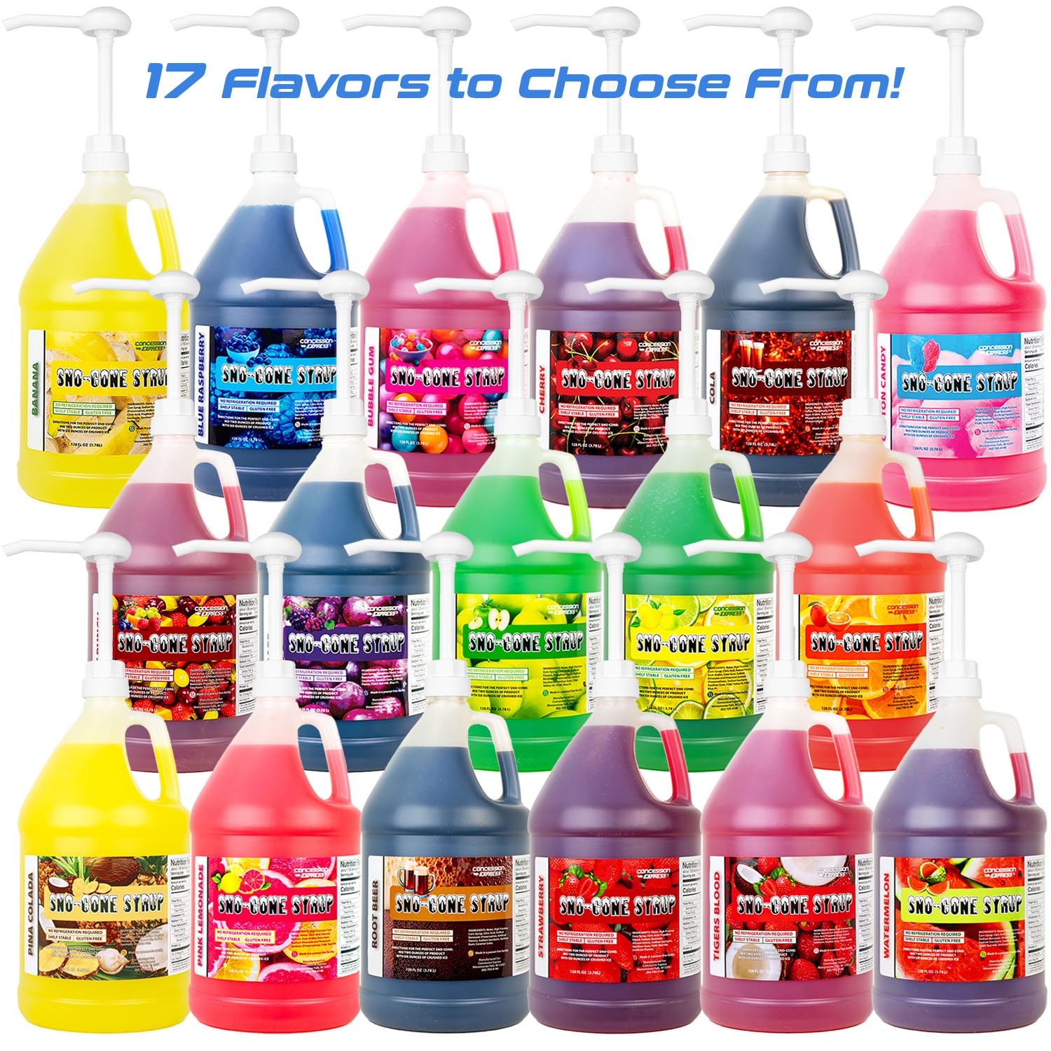 Mix & Match Sno-Cone Syrup with Pumps Loads Of Flavors (Four Gallons)