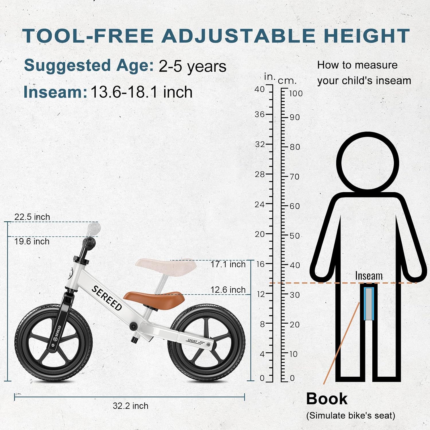 SEREED Toddler Balance Bike 2 Year Old, Gift for 2-3 Boys Girls, Adjustable | No Pedal Kids Toy Bike for 2-5 Years Old, Customize Plate with 3pcs Stickers (White)