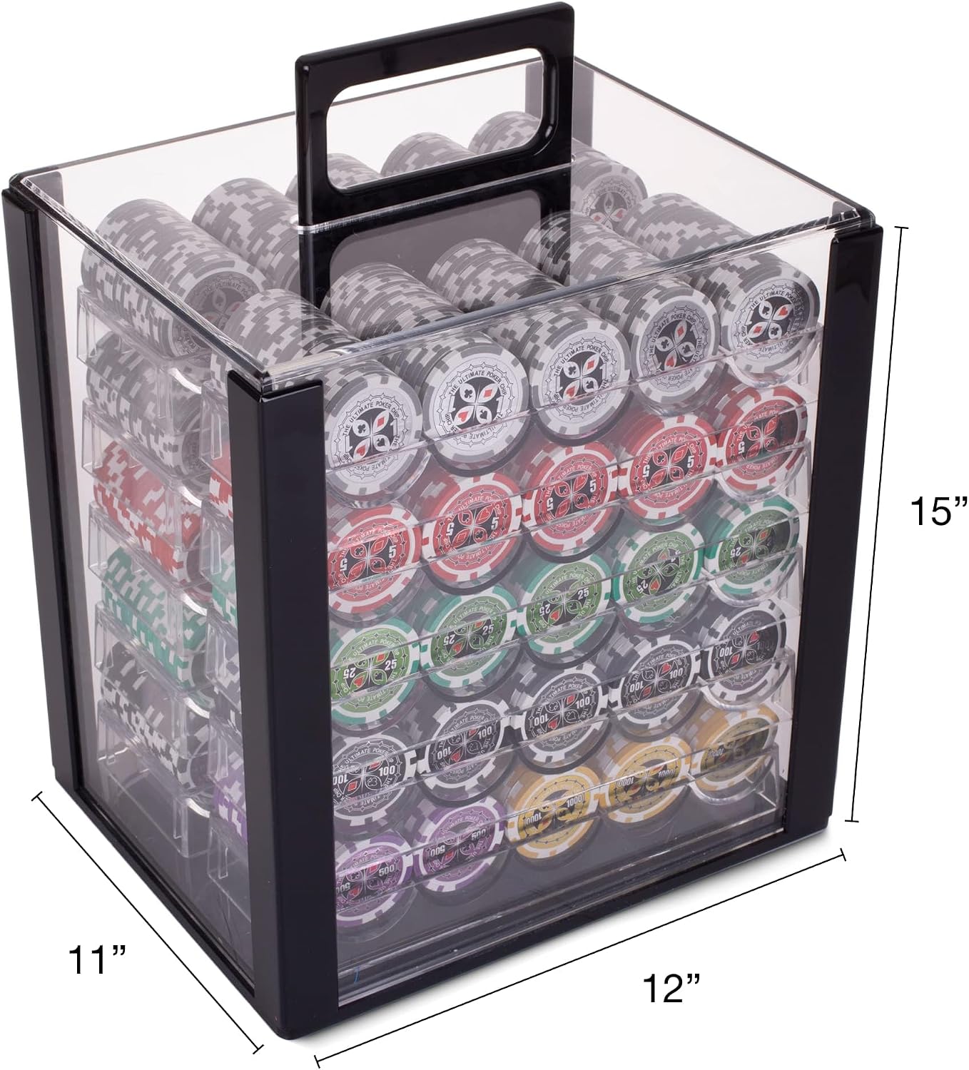 Brybelly Poker Chips 1000 Chips Set with Acrylic Case - Heavyweight 14g Poker Chips Set with 10 Removable Trays and 11" x 12" x 15" Portable Case