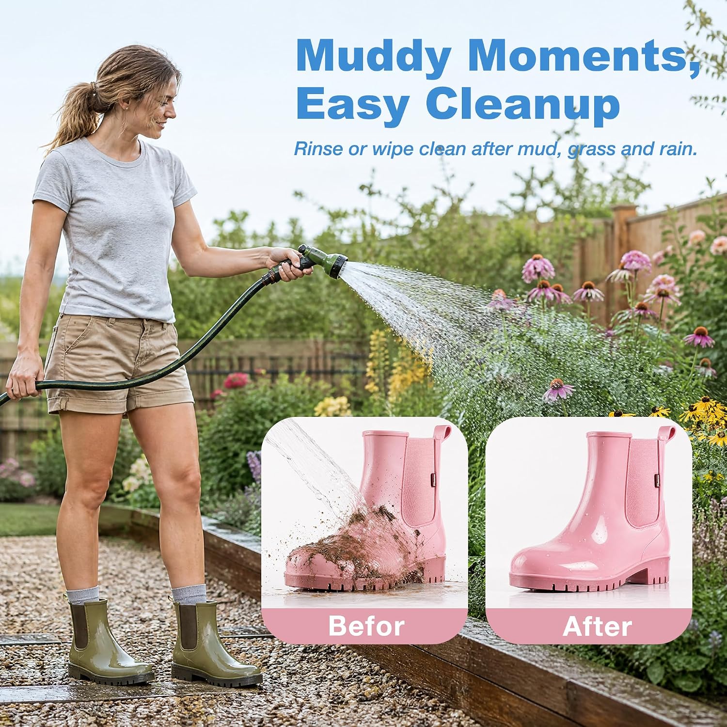 planone Cute Short Rain Boots for Women, Waterproof Chelsea Ankle Boots