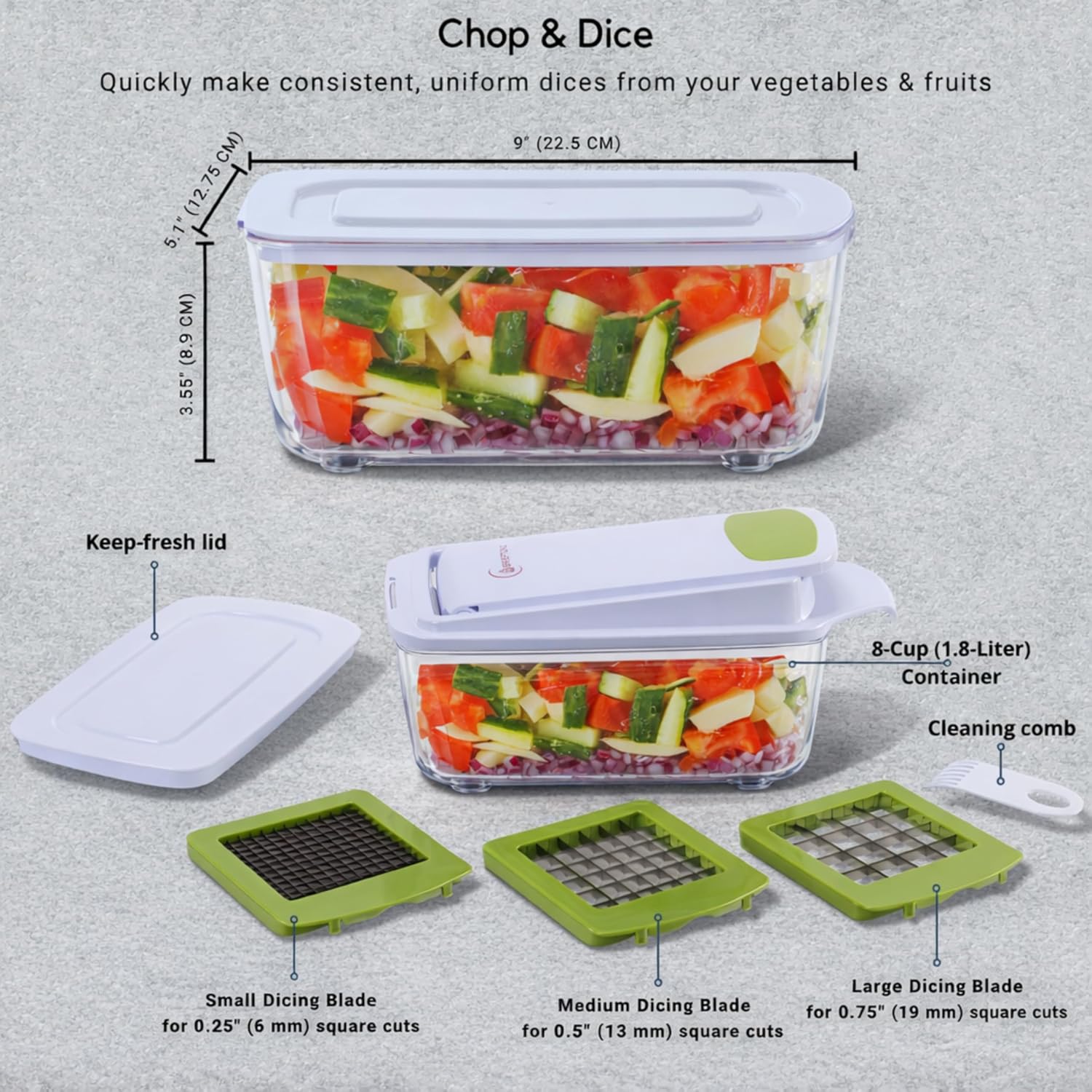 Brieftons QuickPush Manual Vegetable Chopper: 8-Cup Push-Down Onion Dicer & Food Chopper, 3 German Steel Blades