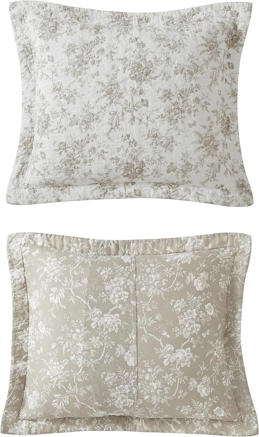 Laura Ashley - Queen Quilt Set, Soft Cotton Bedding with Matching Shams, Reversible Floral Toile Design, Floral Room Decor