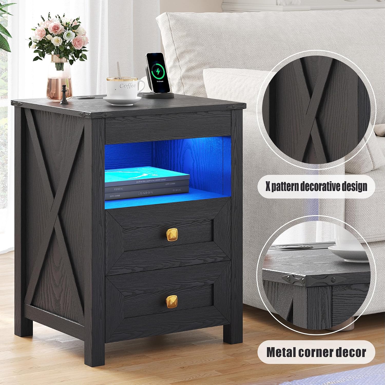 Farmhouse LED Nightstand with Gun Drawer&Invisible Lock,Modern Bedside Table with Human Sensor Design,Rustic Side Table with Wireless Charging for Living Room, Dark Oak