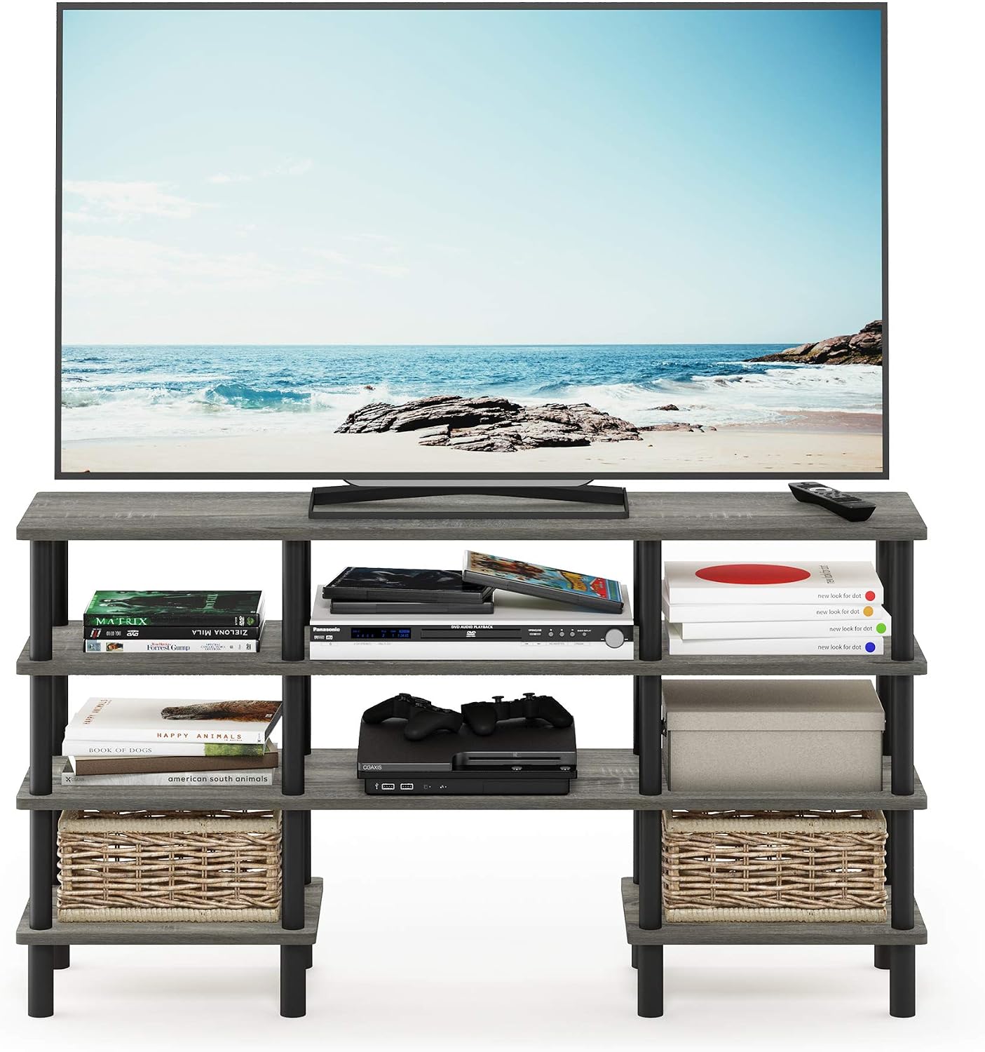 Furinno Nelly TV Stand, 3-Tier Entertainment Center with Open Shelves Storage, TV Console for TV up to 55 Inch, Soft Edges, for Living Room, Bedroom, Black