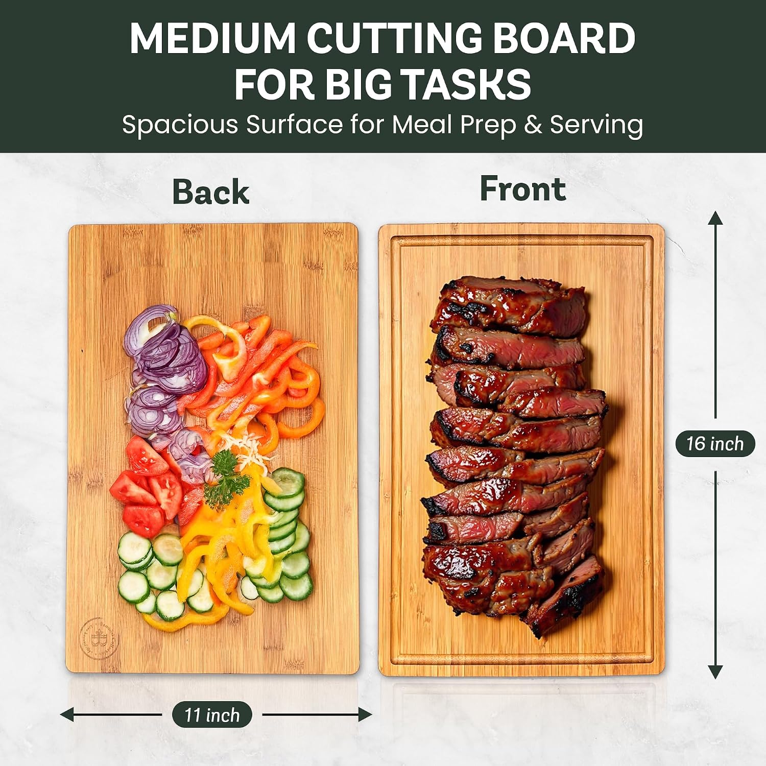 Wood Cutting Board for Kitchen - 1 Inch Thick Bamboo Wooden Chopping Board, Butcher Block Cutting Board with Juice Groove, Handles, Large Meat Cutting Board, Charcuterie Serving Board, 16 x 11