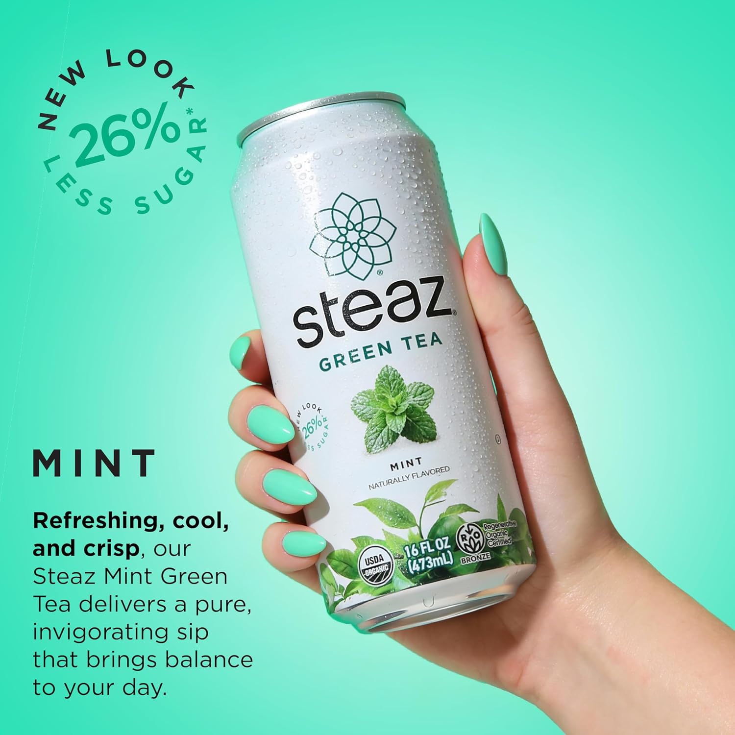 Steaz - Organic Green Tea - Peach (12 Pack) - 30mg Natural Caffeine, 70 Calories,Cane Sugar - Sweetened Iced Tea - Regenerative Organic Certified®️ - Vegan, Direct Trade - 12 Cans, 16 fl oz