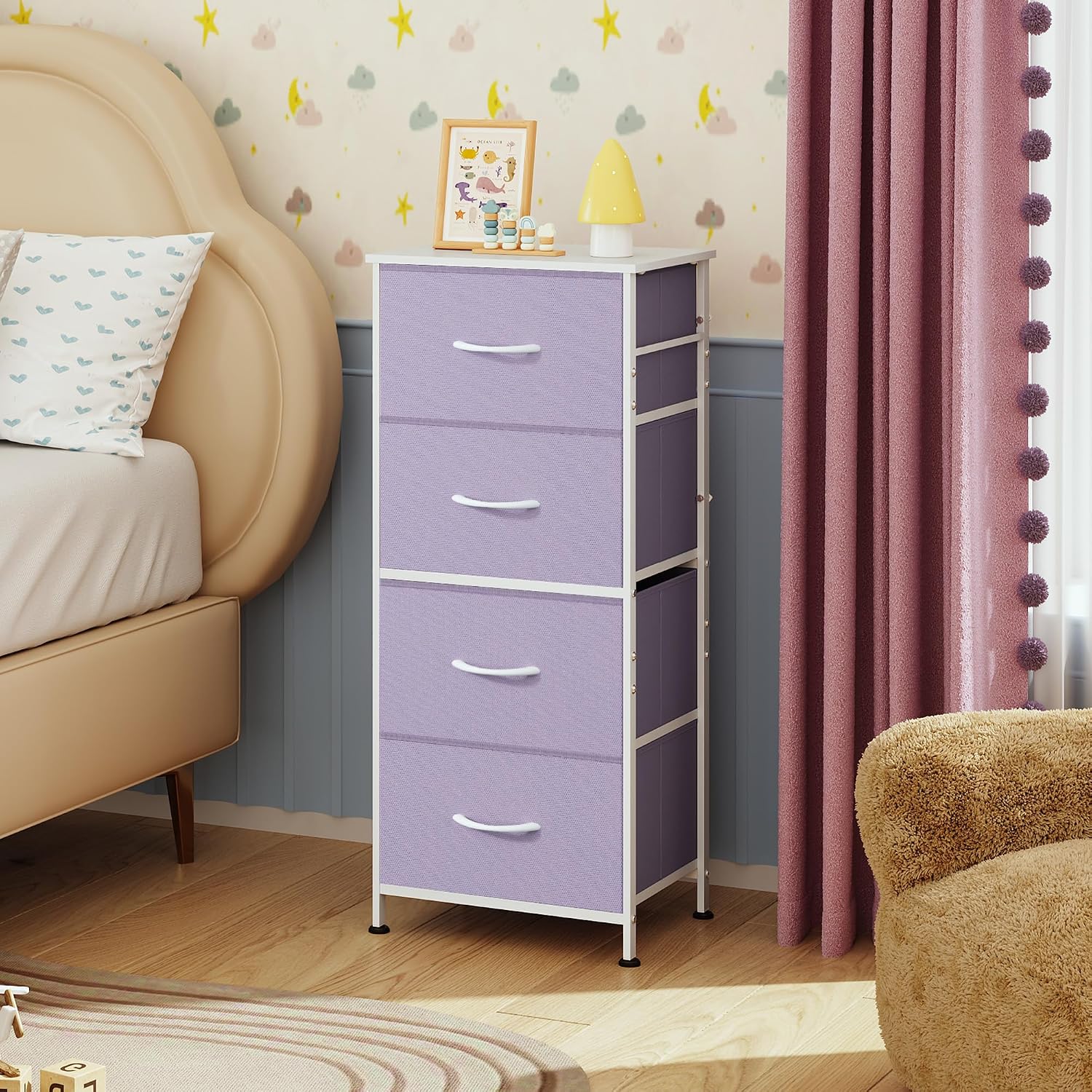 WLIVE Small Dresser Nightstand for Bedroom, 4 Drawers, Light Grey | 4 vertical fabric drawers, Space-saving tower, Bedroom or closet use, Chest of drawers, Dresser for small spaces