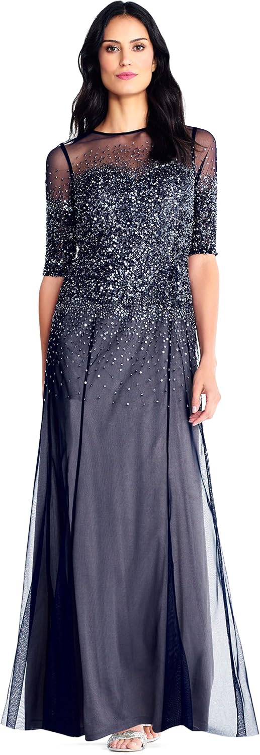Adrianna Papell Women's Beaded Illusion Dress | Long Sequin Evening Dress with Fitted Bodice & Tulle Skirt Overlay