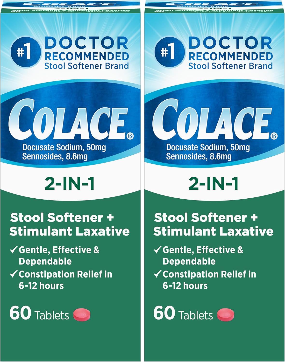 Colace 2-in-1 Stool Softener Plus Stimulant Laxative Tablets, 60 Count