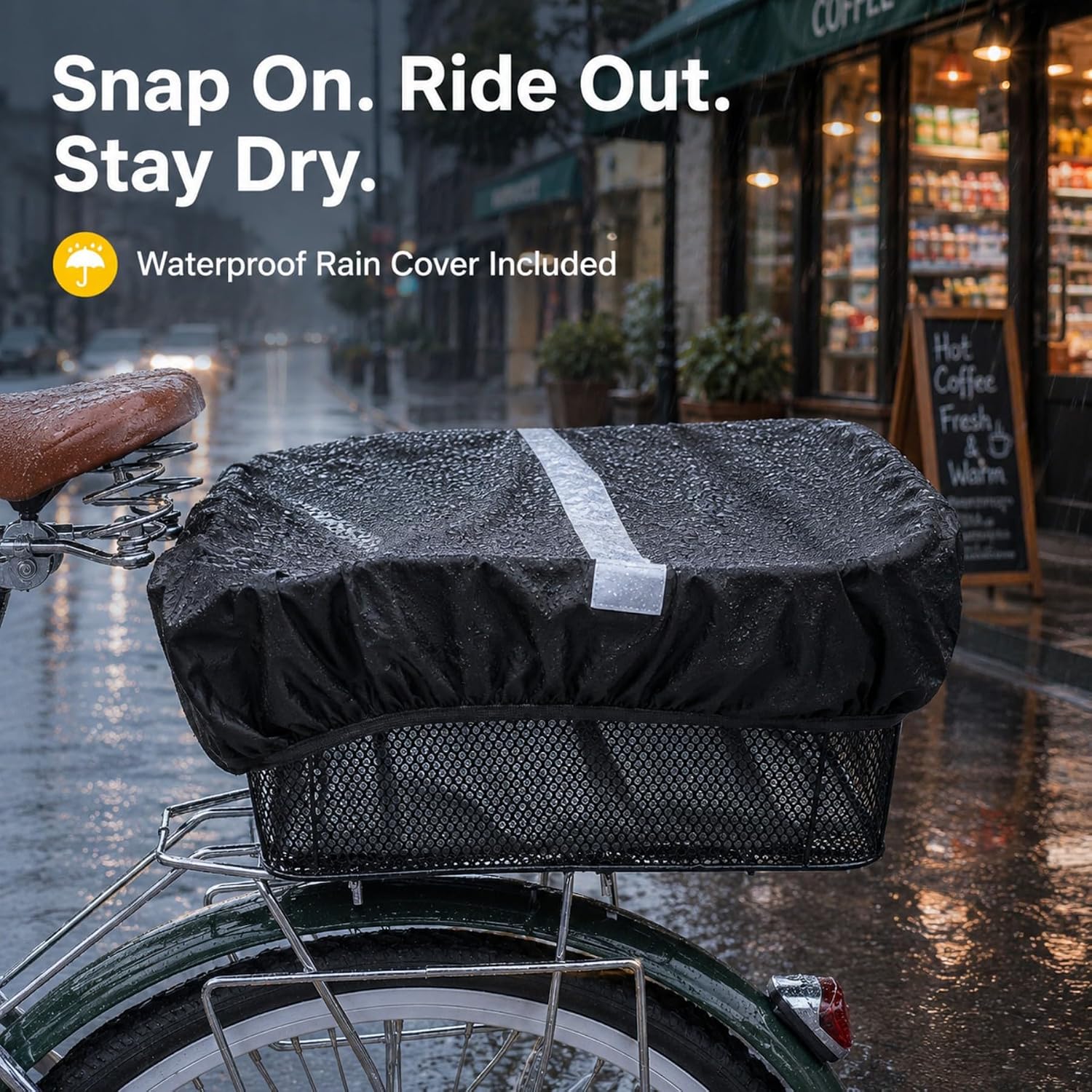 Rear Bike Basket with Rain Cover, Heavy-Duty Wire Cargo Rack | Suits most bicycles, ideal for commuting & shopping, easy mount