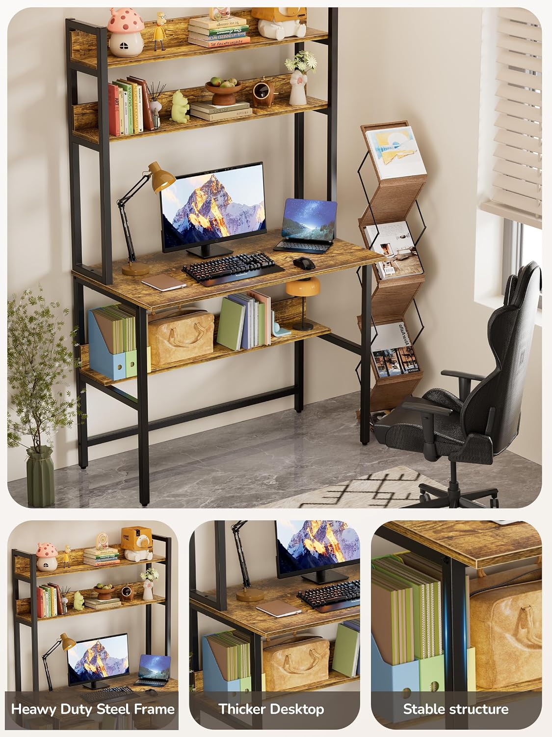 Aquzee Computer Desk with Shelves, 47" W x 23.6" D Gaming Desk with Hutch and Bookshelf