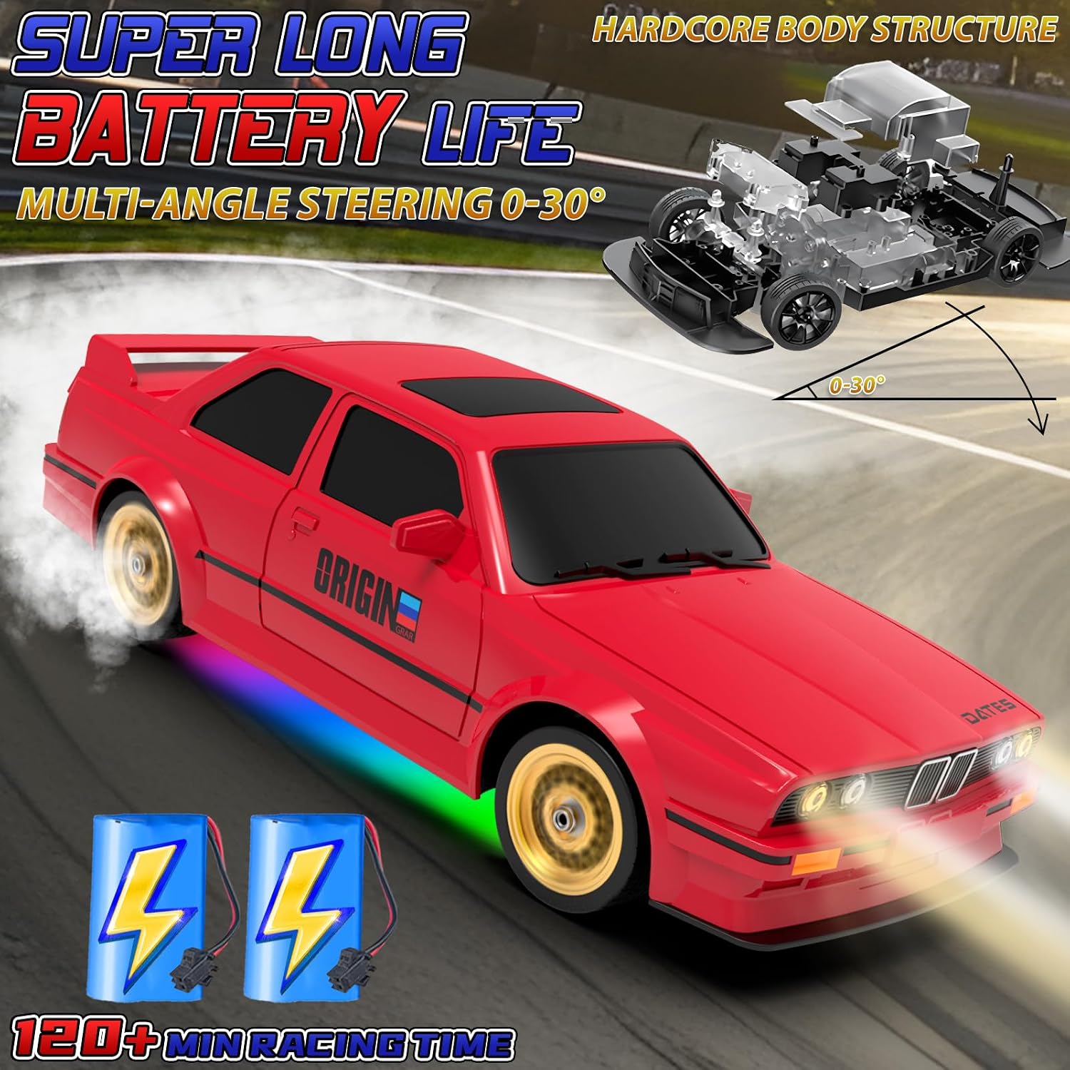 Remote Control Cars 1:16 Scale RC Drift Car 2.4Ghz 30KM/H High Speed 4WD RTR Racing Car with Drift Tires LED Lights 2PCS Rechargeable Batteries RC Sport Cars Toys for Adults Boys Girls Kids Gift