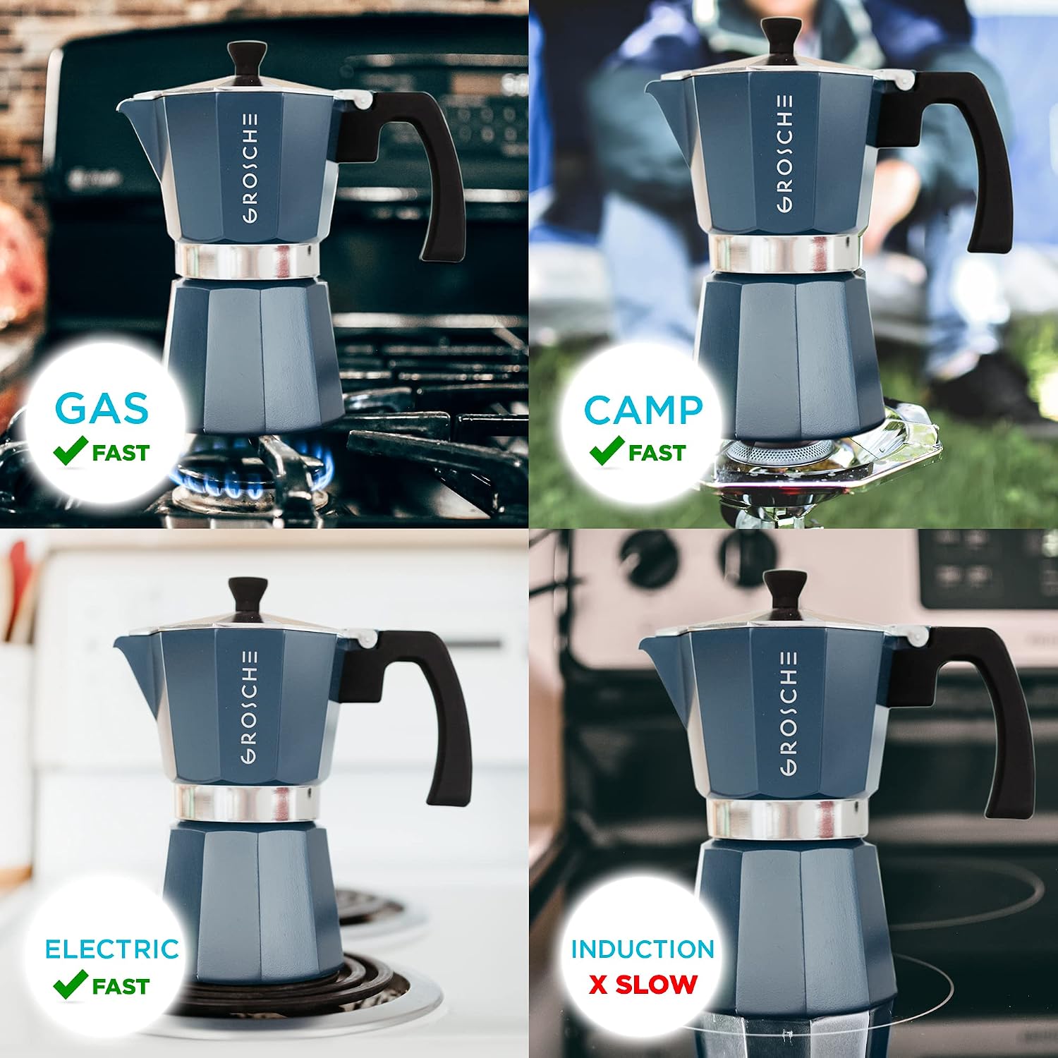 GROSCHE Milano Moka Pot | 9 Espresso Cup - 15.2 oz | Stovetop Espresso Percolator & Coffee Maker – Portable, Ideal for Home and Camping | Cuban Coffee Maker And Italian Moka Pot For Stovetop Espresso; For Gas, Electric, And Propane Stoves With A Soft-Tou…