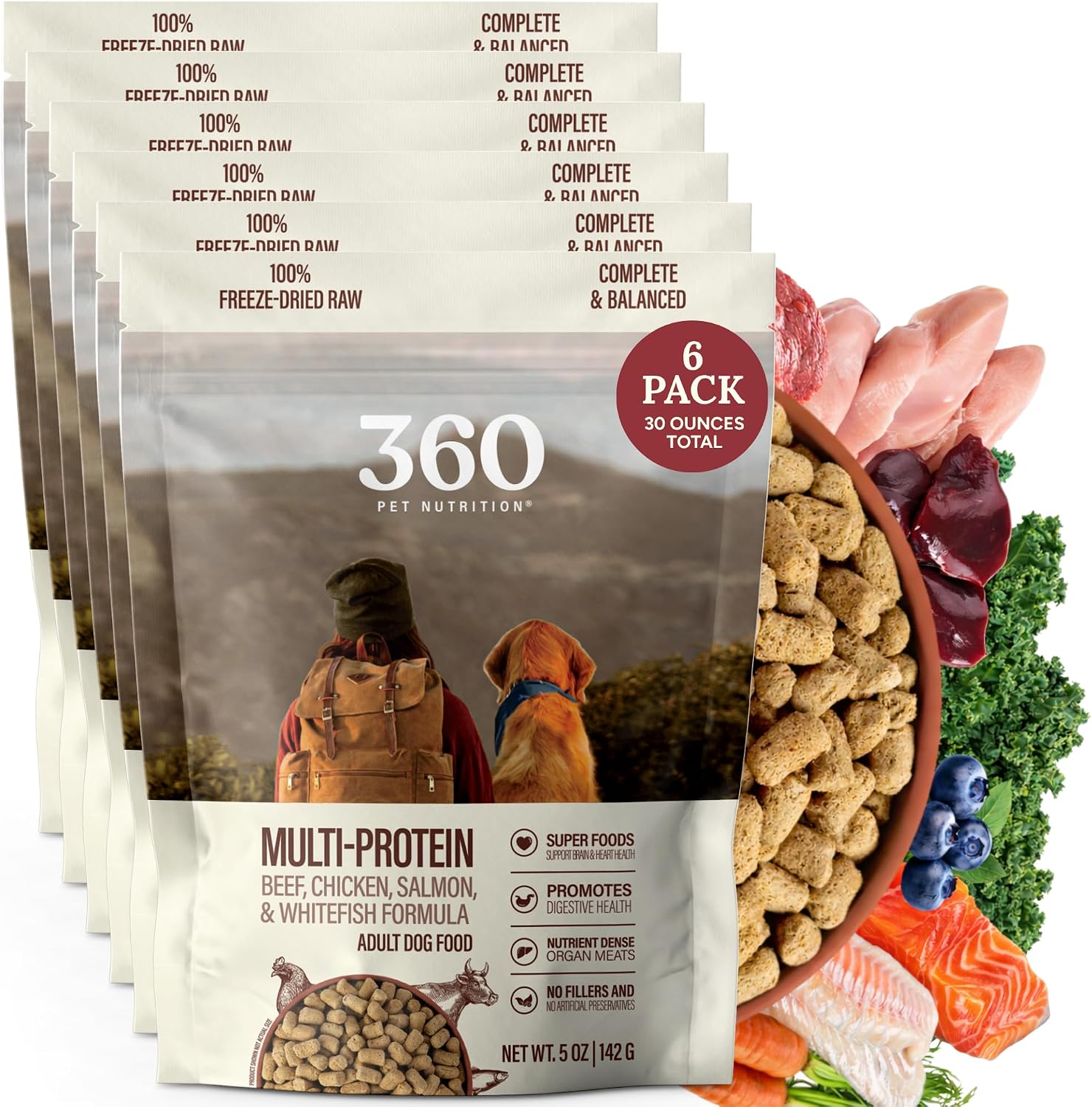 360 Pet Nutrition Freeze-Dried Raw Dog Food – Multi-Protein with Beef, Chicken, Fish, Liver & Organs