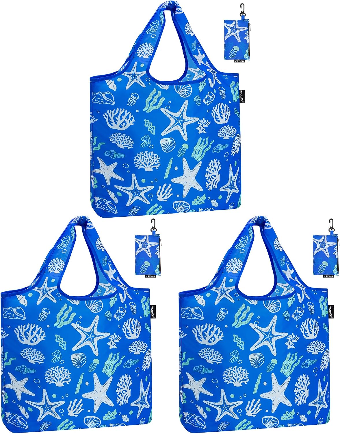 HOLYLUCK Reusable Grocery Bags,Heavy Duty Foldable Shopping Tote Bag (Standard, 3 Blue Geometric Flowers)
