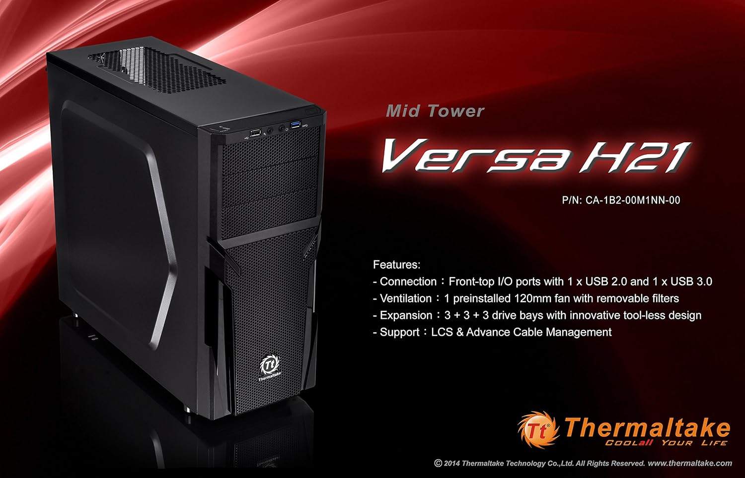 Thermaltake Versa H21 SPCC ATX Mid Tower Computer Chassis CA-1B2-00M1NN-00,Black