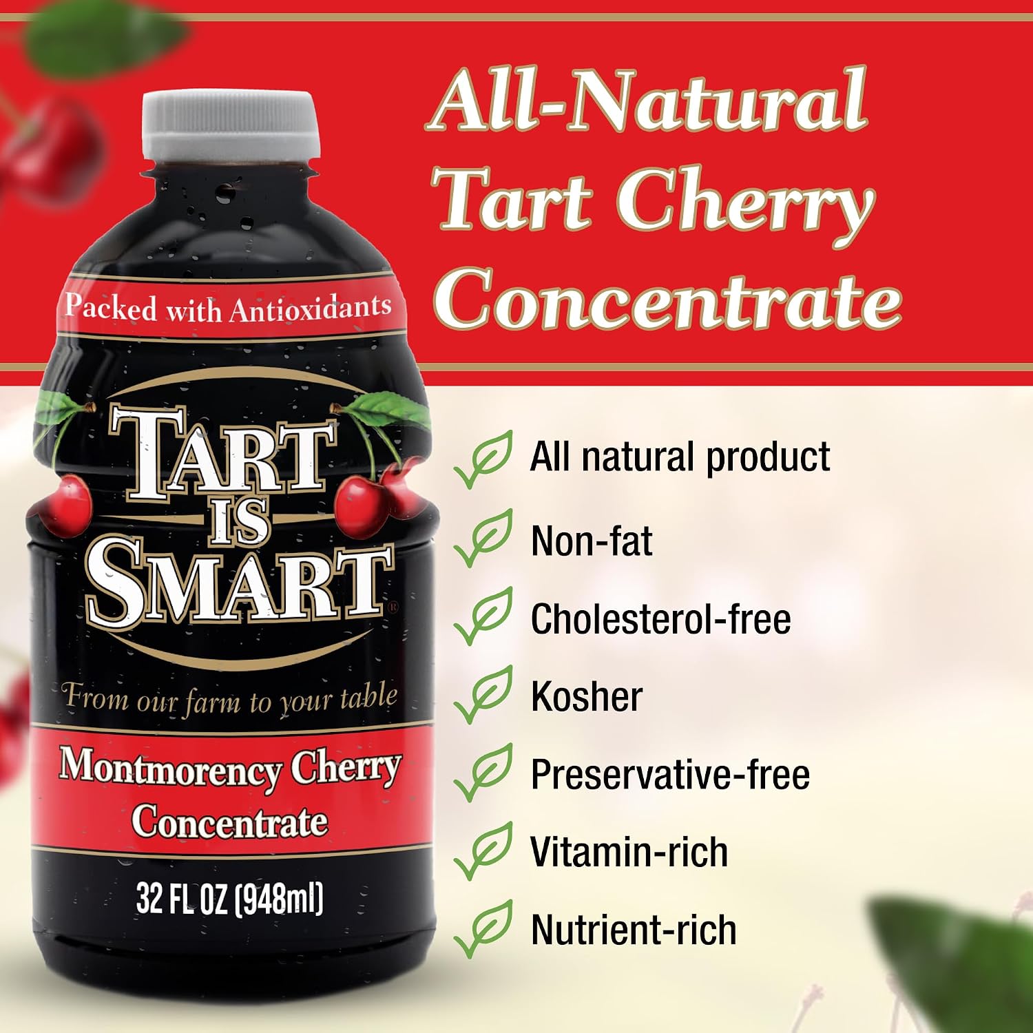 Tart is Smart Montmorency Tart Cherry Juice Concentrate, Cherry Juice Bottle Beverage, Rich in Antioxidants, Ideal for Muscle Recovery and Sleep Support, No-Added Sugar - 32 Ounce Bottle (Pack of 1)