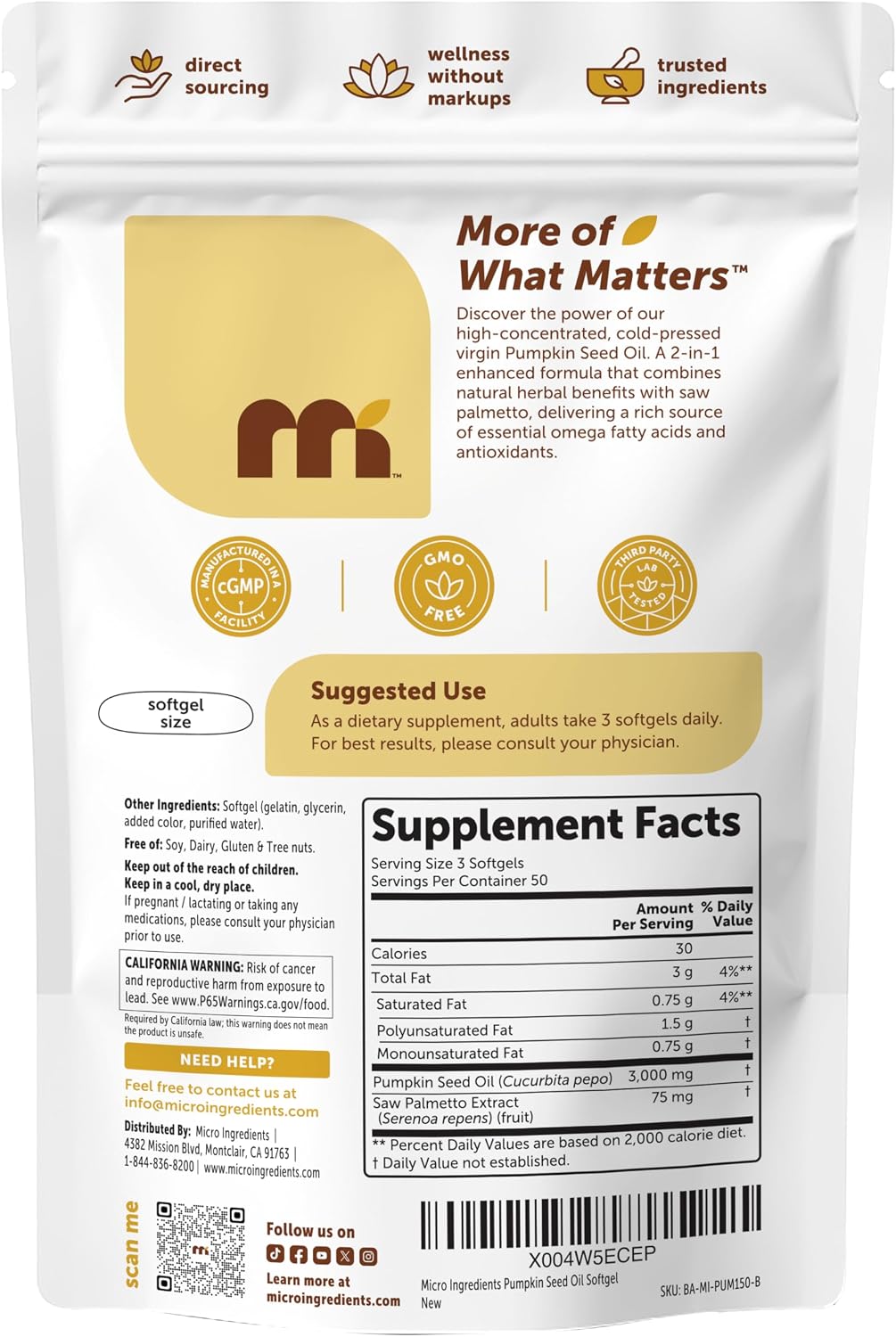 Micro Ingredients Pumpkin Seed Oil with Saw Palmetto, 300 Softgels | Cold Pressed, Pure Virgin Oil with Essential Fatty Acids & Phytosterols. For Men & Women. Non-GMO, Gluten Free.