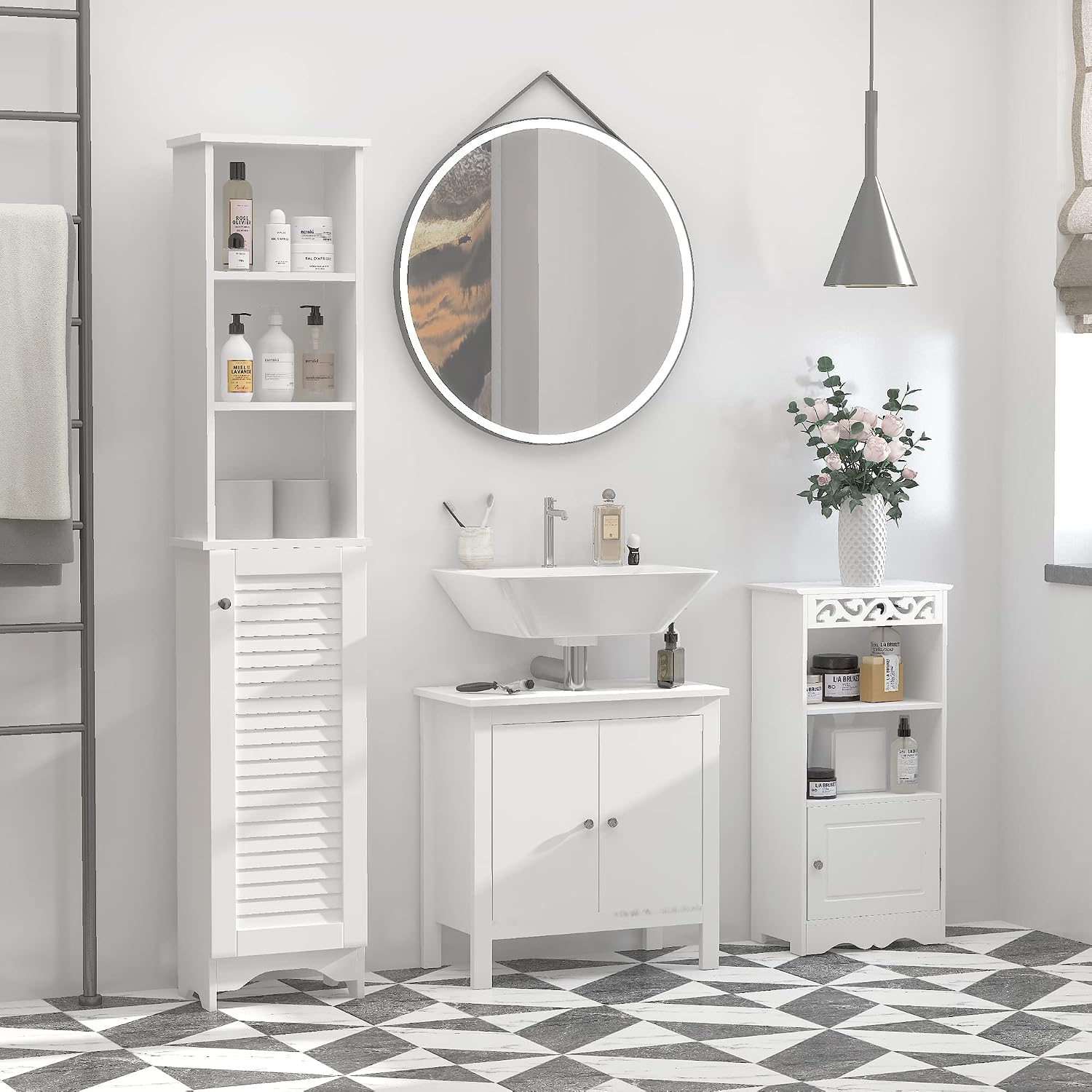 HOMCOM Tall Bathroom Storage Cabinet Freestanding with 3-Tier Shelf White | Linen Tower, Open Adjustable Shelf