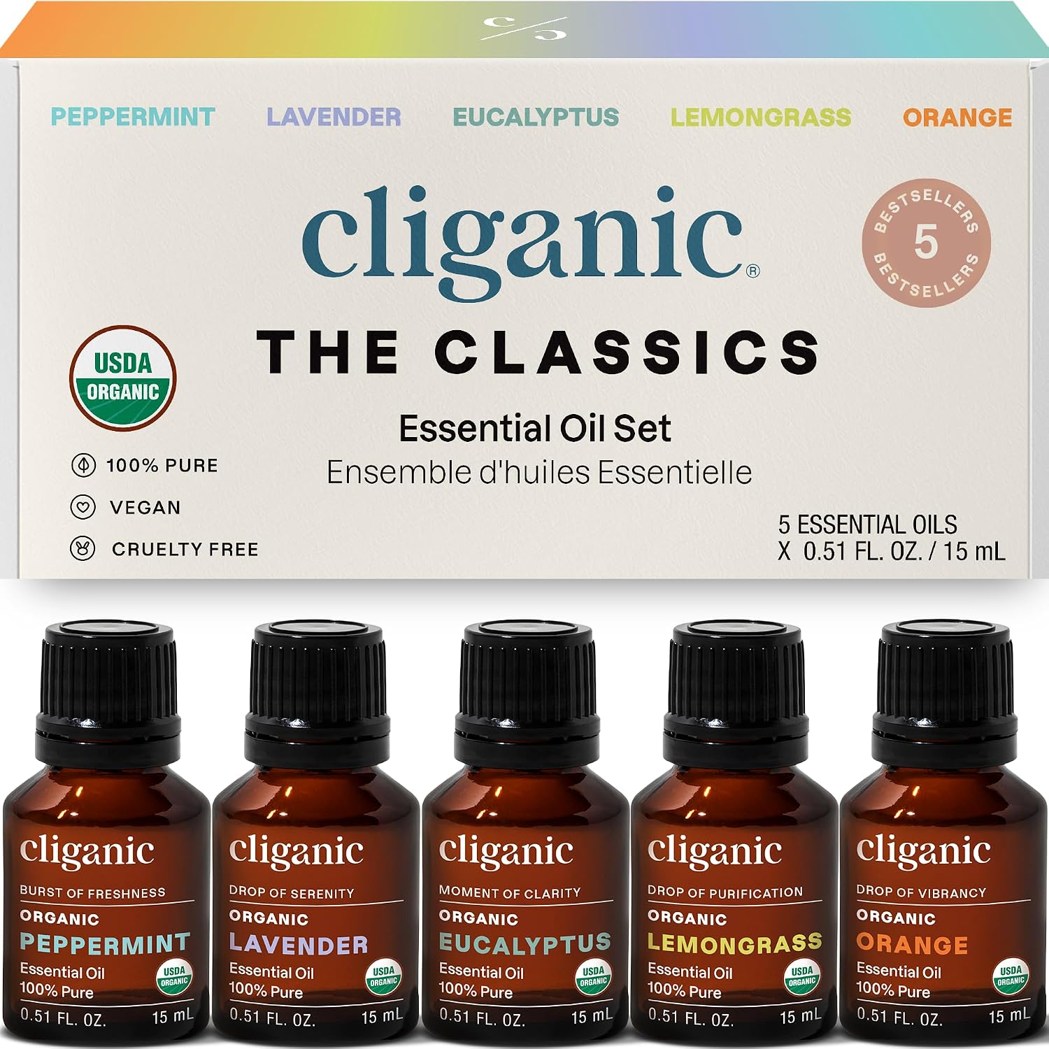 Cliganic Organic Essential Oils Set (Top 5 - The Classics) - 100% Pure Natural - Aromatherapy, Candle Making - Peppermint, Lavender, Eucalyptus