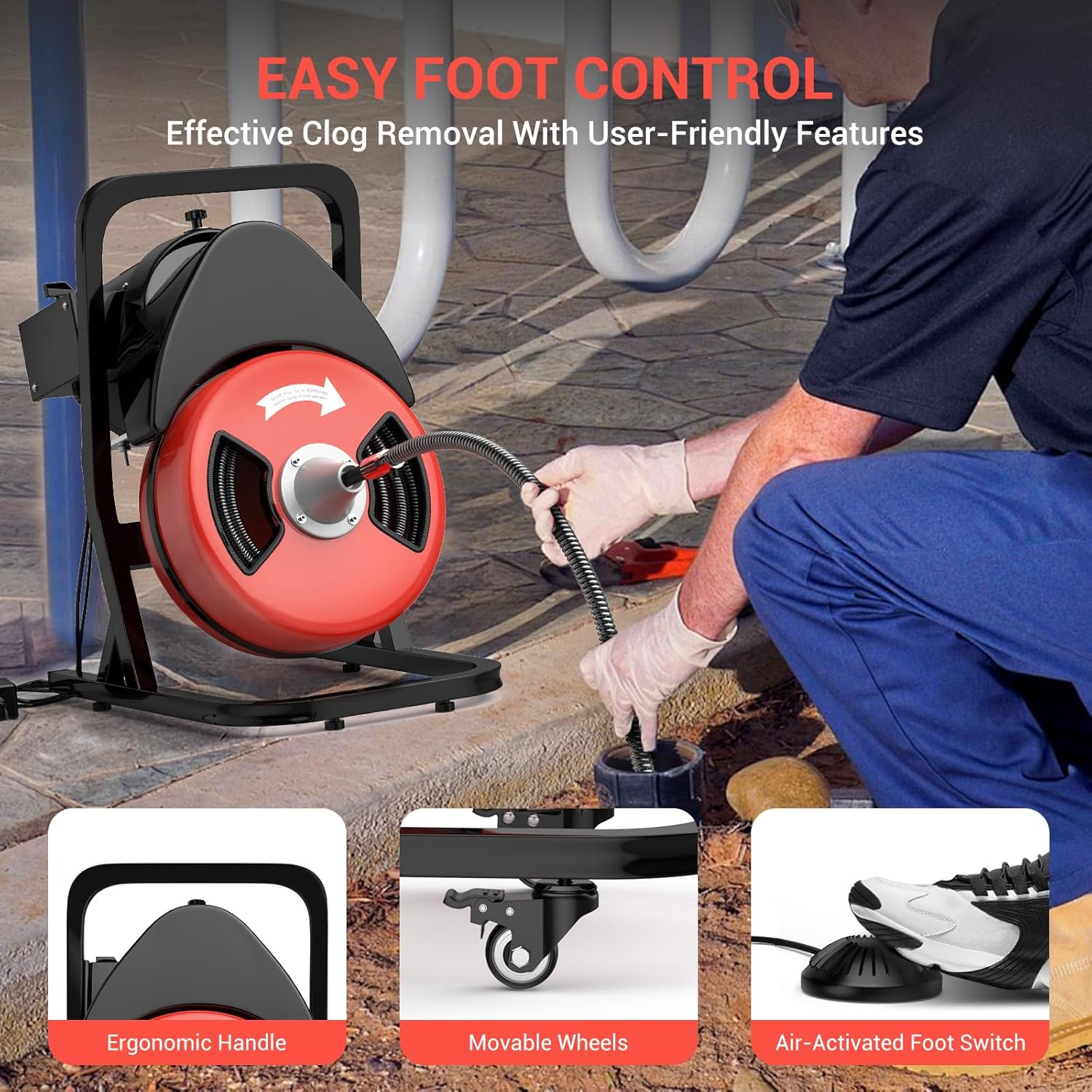 50FTx1/2 Inch Drain Cleaner Machine with Wheels, Sewer Snake Electric Drain for 2" to 4" Pipes