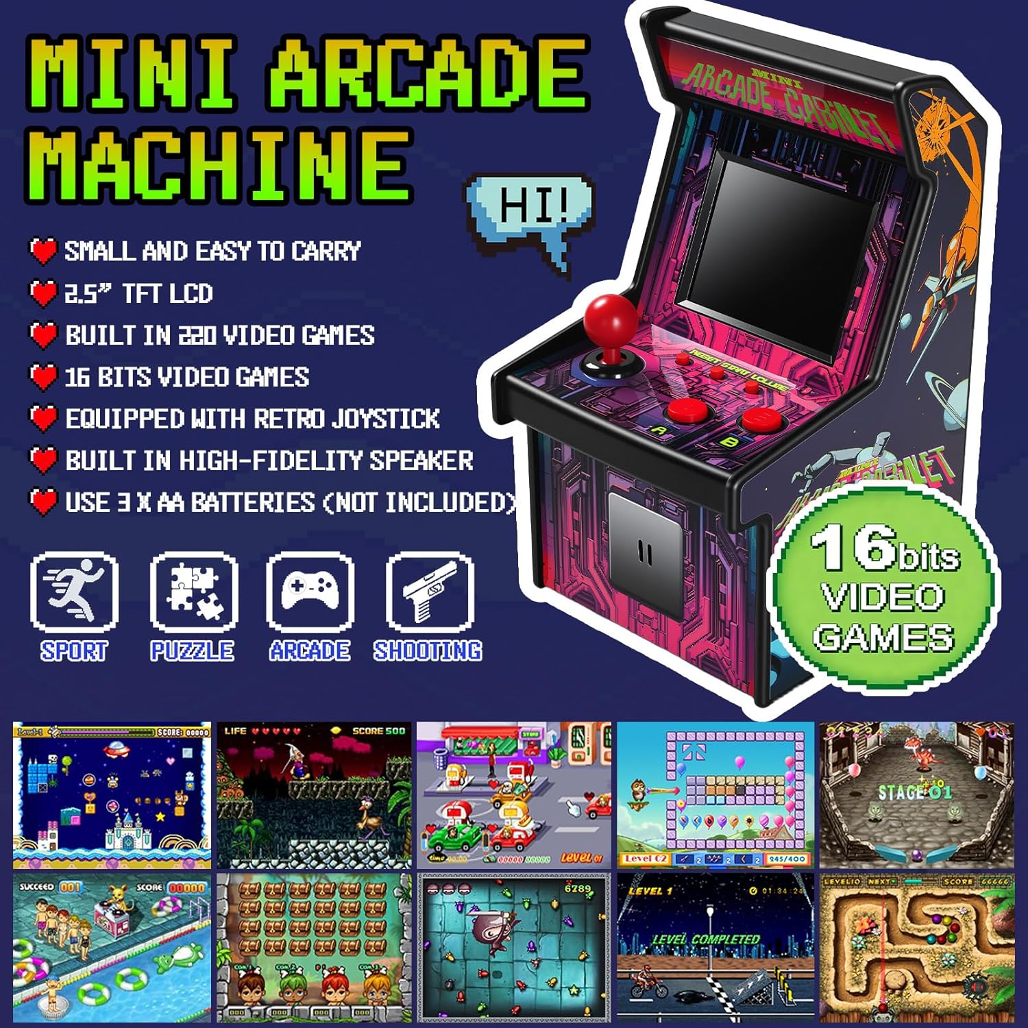 16 Bit Mini Arcade Machine Handheld Games Console for Kids Adults, 8-Way Joystick, 2.5'' Large Screen, 220 Built-in Classic Video Games, Gift for Kids