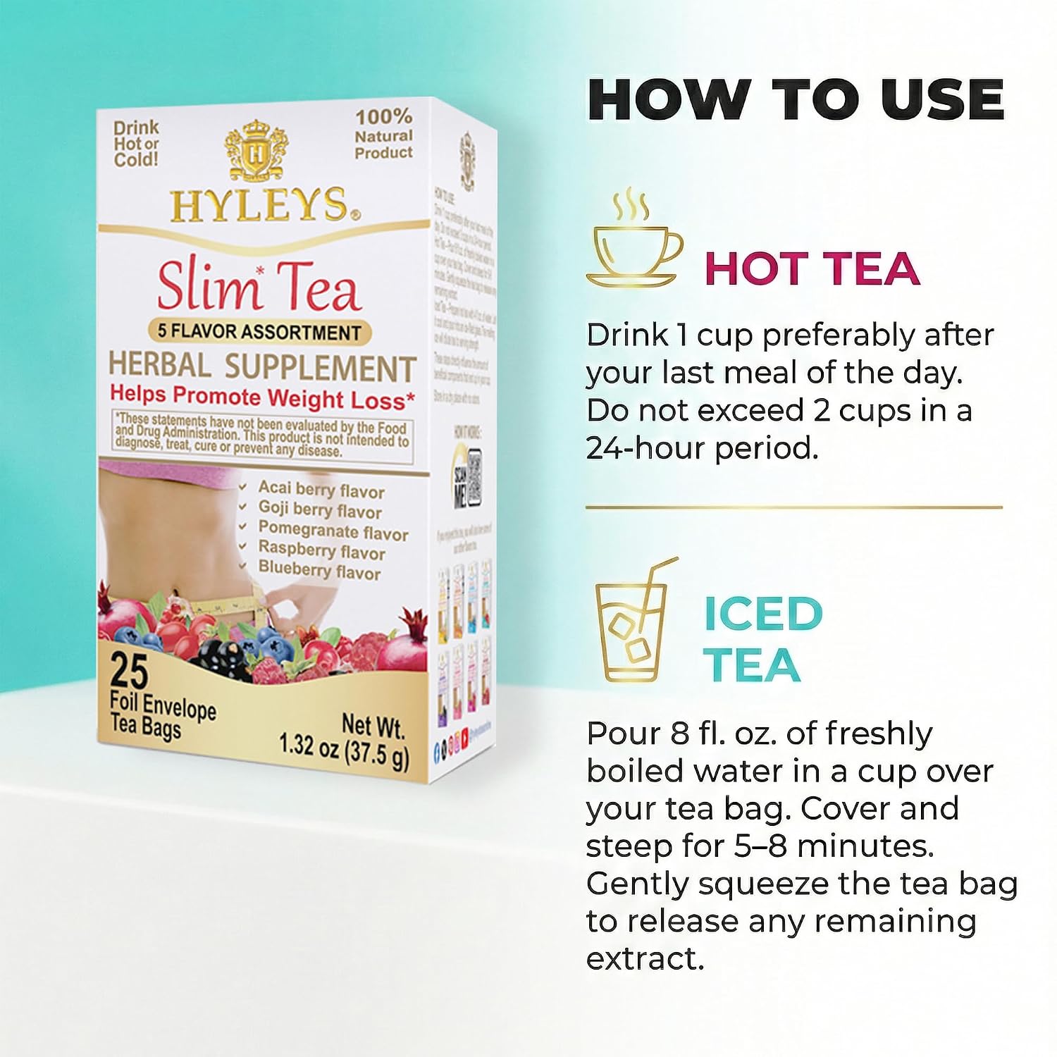HYLEYS Slim Tea Goji Berry, Weight Loss Detox, Slimming Diet Tea, 25 Bags | Green Tea, Senna Detox & Cleanse, 3 Natural Ingredients, No Added Sugar, 1-Step Bedtime Routine, Supports Digestion