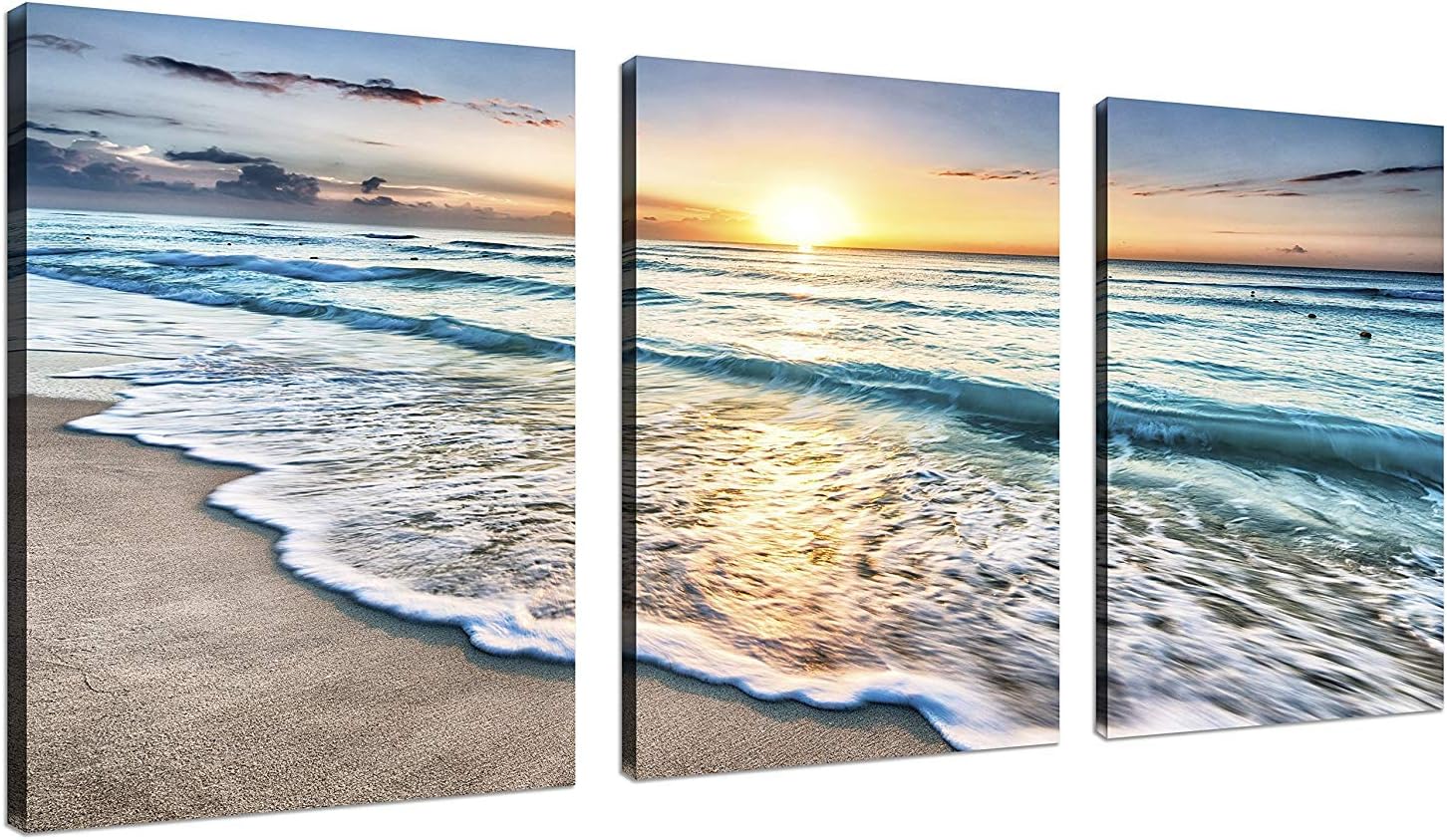 TutuBeer 3 Panel Beach Canvas Wall Art for Home Decor Blue Sea Sunset White Beach Painting the Picture Print on Canvas Seascape the Pictures for Home Decor Decoration,Ready to Hang