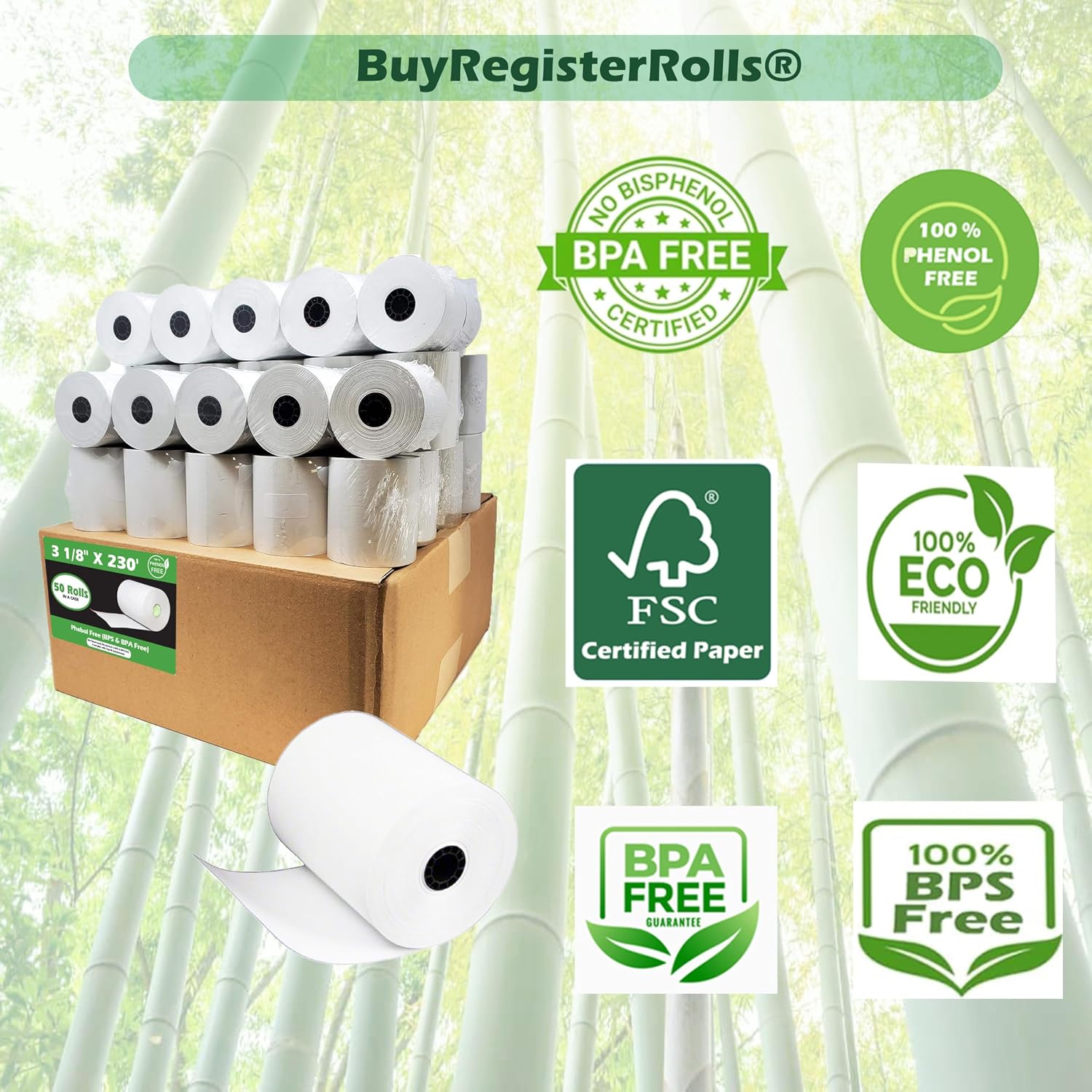 (50 Rolls) 3 1/8 x 230 Thermal Paper Receipt Rolls (55 GSM Premium Quality German Paper) Fits All POS Cash Registers BPA Free - BuyRegisterRolls