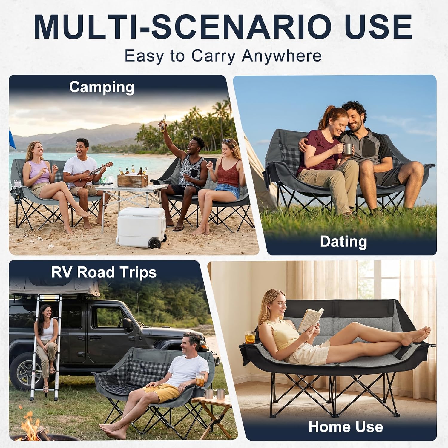 Oversized Camping Chairs for Adult - Heavy Duty Padded Portable Folding Chair XL Collapsible Camp Chair with Cup Holder Side Pocket for Outdoor Lawn Beach Sport Fishing Support 500LBS, Grey
