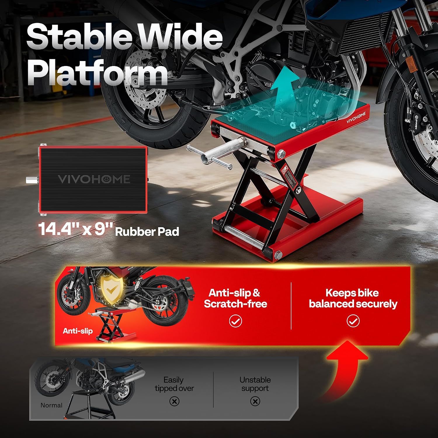 VIVOHOME 1100 LBS Motorcycle Lift Scissor Jack, Wide Deck Hoist Stand, Red | Height Adjustable Center Stand with Crank, Steel Lift for Cruiser, Dirt Bike, ATV