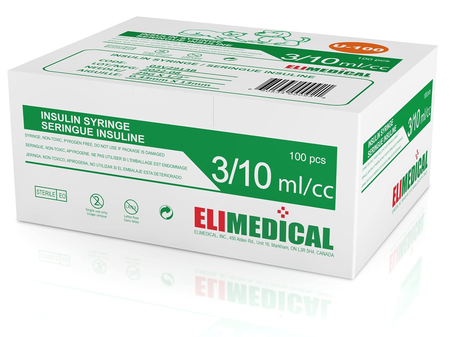 Veterinary Insulin Syringe U-100 0.3cc (ml), 29G x 1/2 inch (12.7mm), Half Unit Marking, Individually Packed, for Pet Cat or Dog, 100 per Box