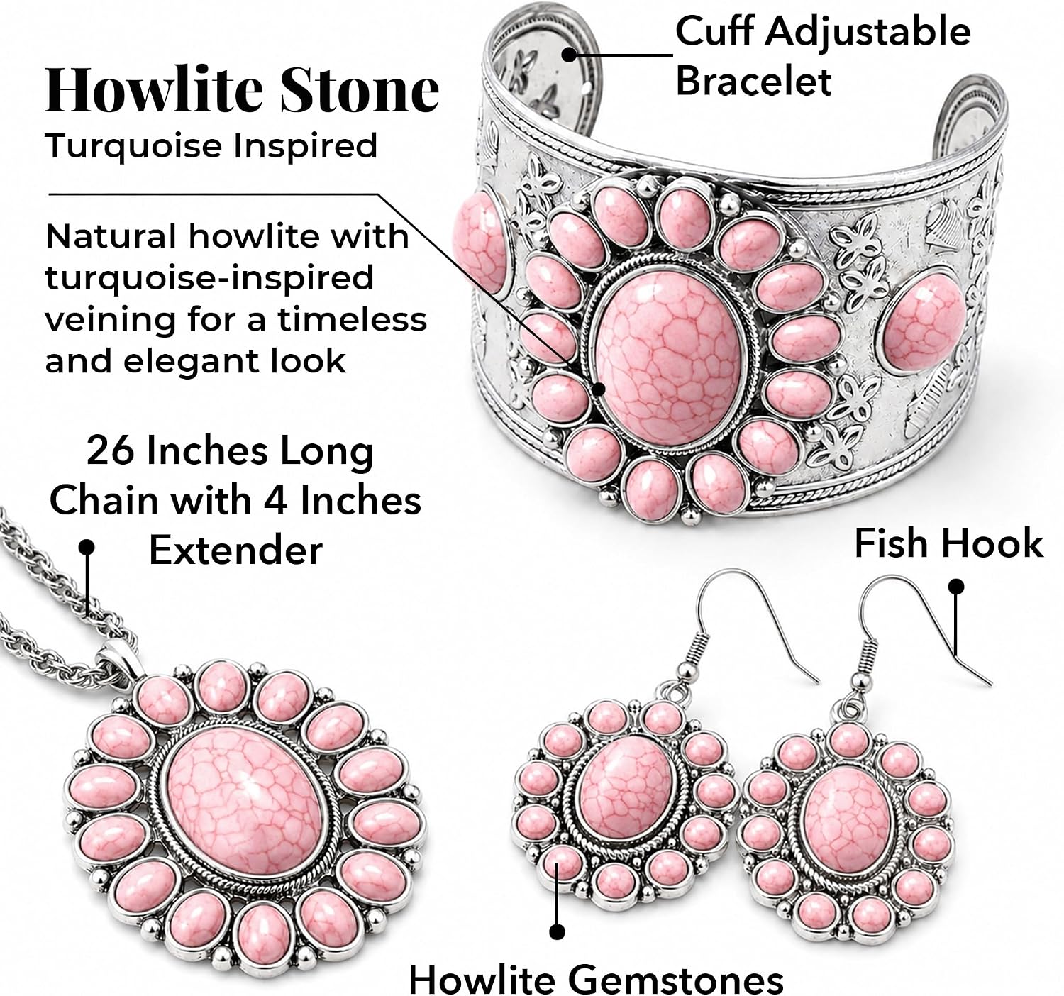 Shop LC Howlite Western Jewelry Set for Women Boho Cowgirl | 3-Piece Necklace Bracelet Earrings, Turquoise-Inspired, Chunky Statement, Southwestern