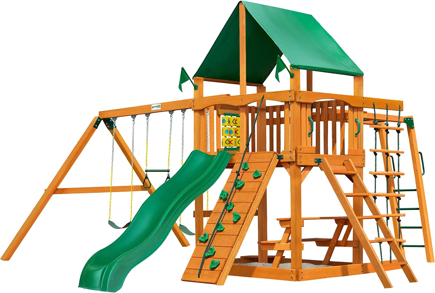 Gorilla Playsets 01-0020-AP-1 Navigator Wooden Swing Set with Deluxe Green Vinyl Canopy, Monkey Bars, Swings, and Slide, Brown