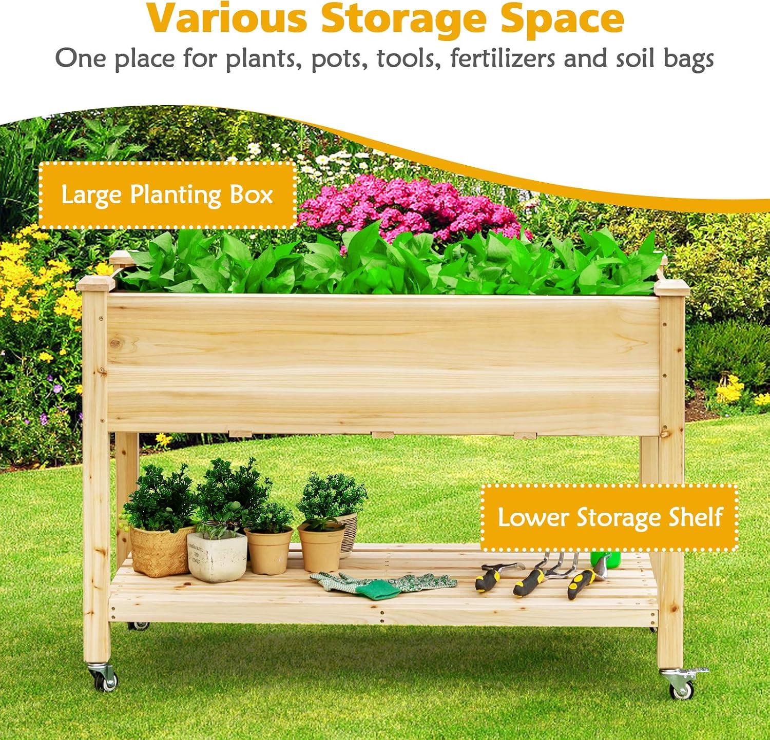 GIANTEX Raised Garden Bed on Wheels, Wood Planter Box with Legs, Liner, Drain Holes, Elevated Garden Bed for Vegetables