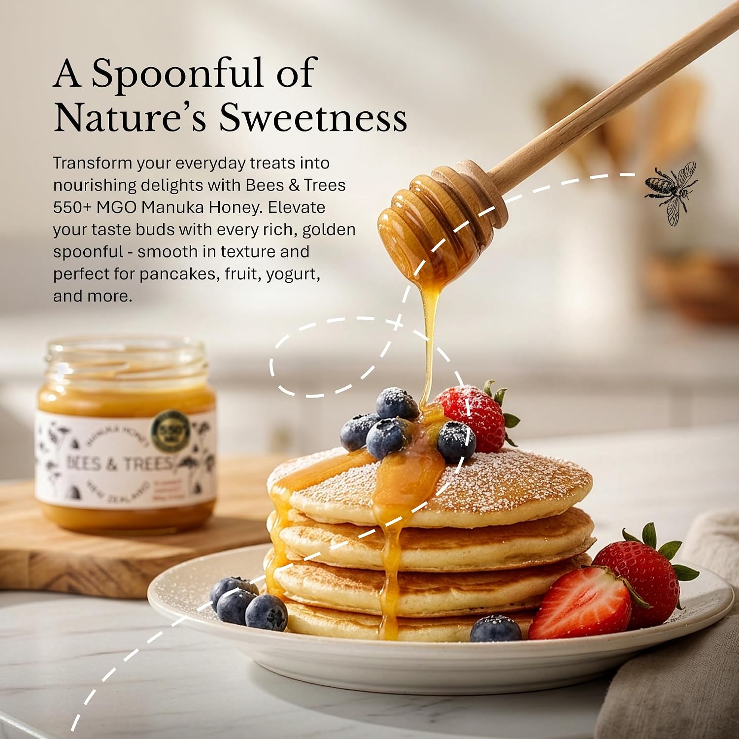 Bees & Trees Manuka Honey 550+ MGO - Raw Pure New Zealand Monofloral, 380g | Natural, Unpasteurized, Minimally Processed Mānuka Honey for Your Daily Routine, Tea, Coffee & Smoothies