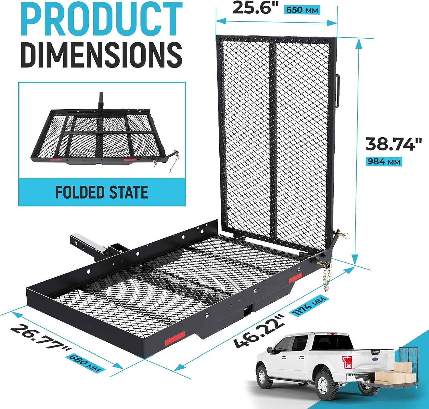 ECOTRIC 46.2 X 26.8 X 38.7 Inch Hitch Cargo Carrier W/Ramp Foldable 500 Lbs