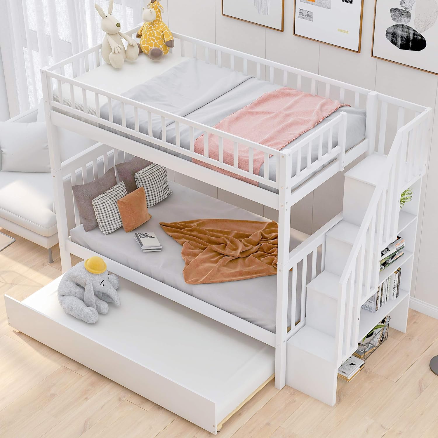 Bellemave Full Over Full Bunk Beds with Stairs Stairway Bunk Bed Frame with Storage Shelves for Teens Adult, Detachable Wood Full Bunk Bed, Gray