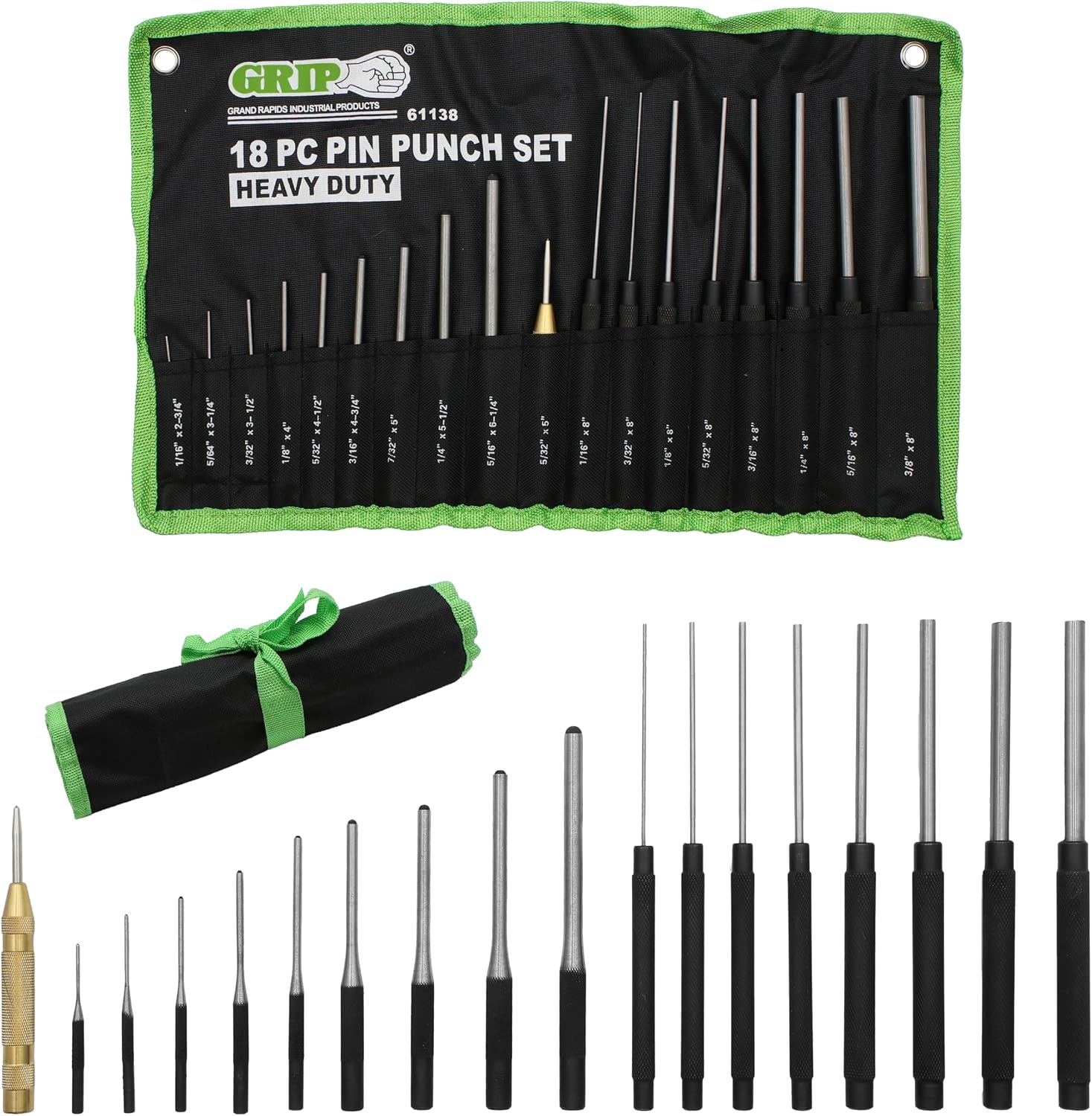 Grip 18 pc Heavy Duty Roll Pin Punch Gunsmithing Set - Roll Pin Punch, Long Pin Punch