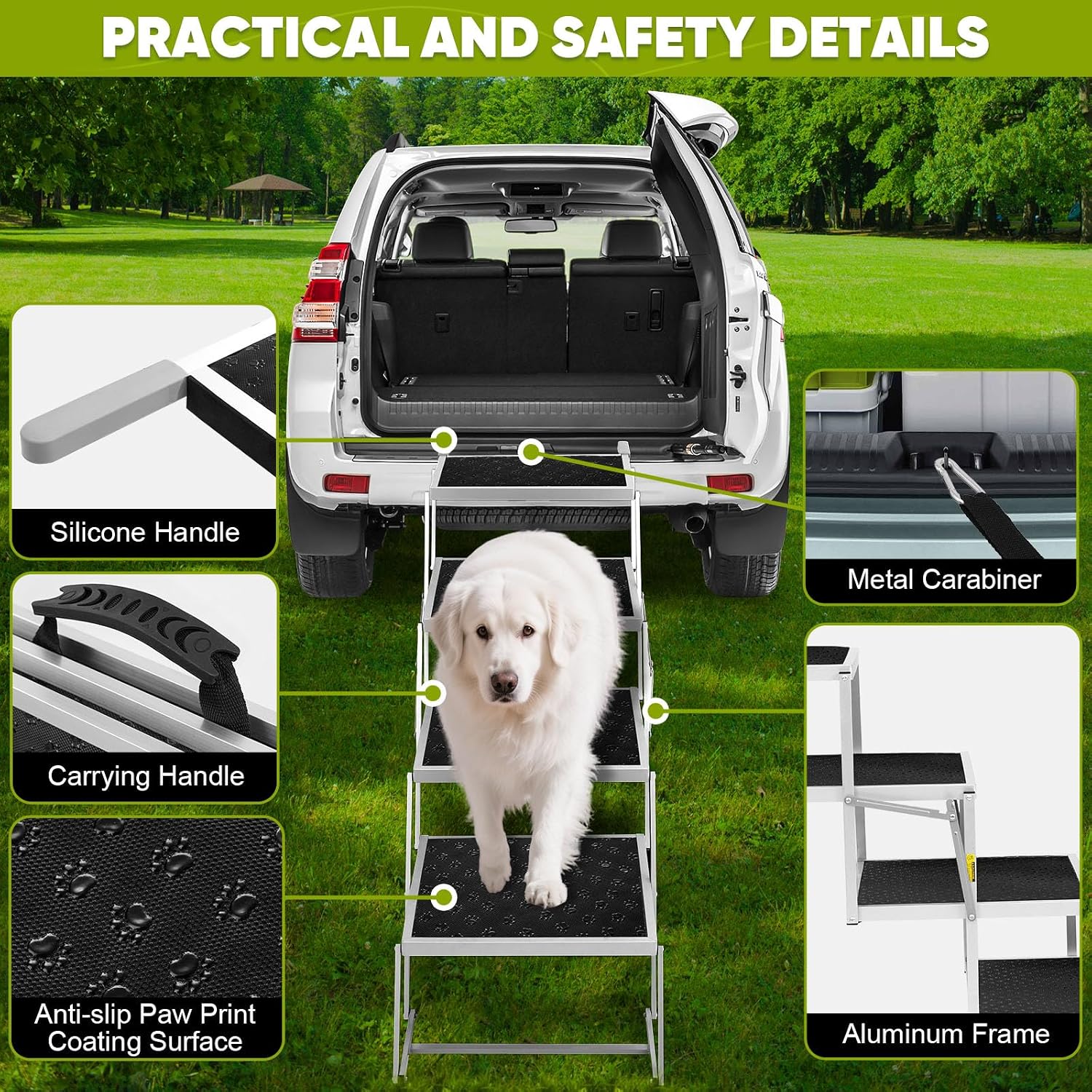 Dog Stairs for Car, Extra Wide Dog Stairs for Large Dogs, Foldable Dog Ramp for Car, Pet Steps Light Weight Aluminum, High Beds, for SUV Trucks