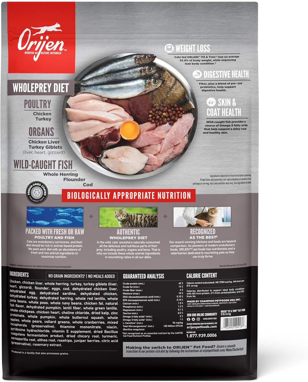 ORIJEN Grain Free WHOLEPREY Dry Cat Food Original Recipe 4lb. Bag | 90% Animal Ingredients, Freeze Dried, Fresh or Raw Ingredients, High Protein, Heart Health, Free-Run Poultry
