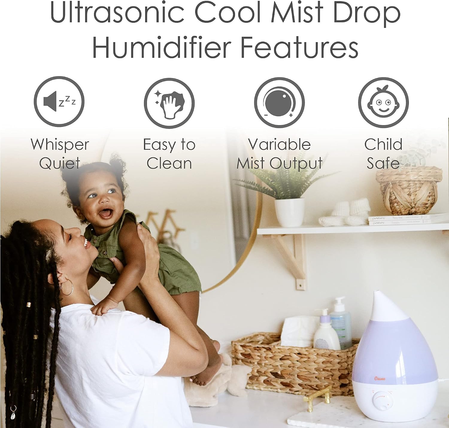 Crane Ultrasonic Cool Mist Humidifier for Bedroom, Baby Nursery, Kids Room, Plants, or Office, Large 1 Gallon Tank, Filter Optional, Blue and White