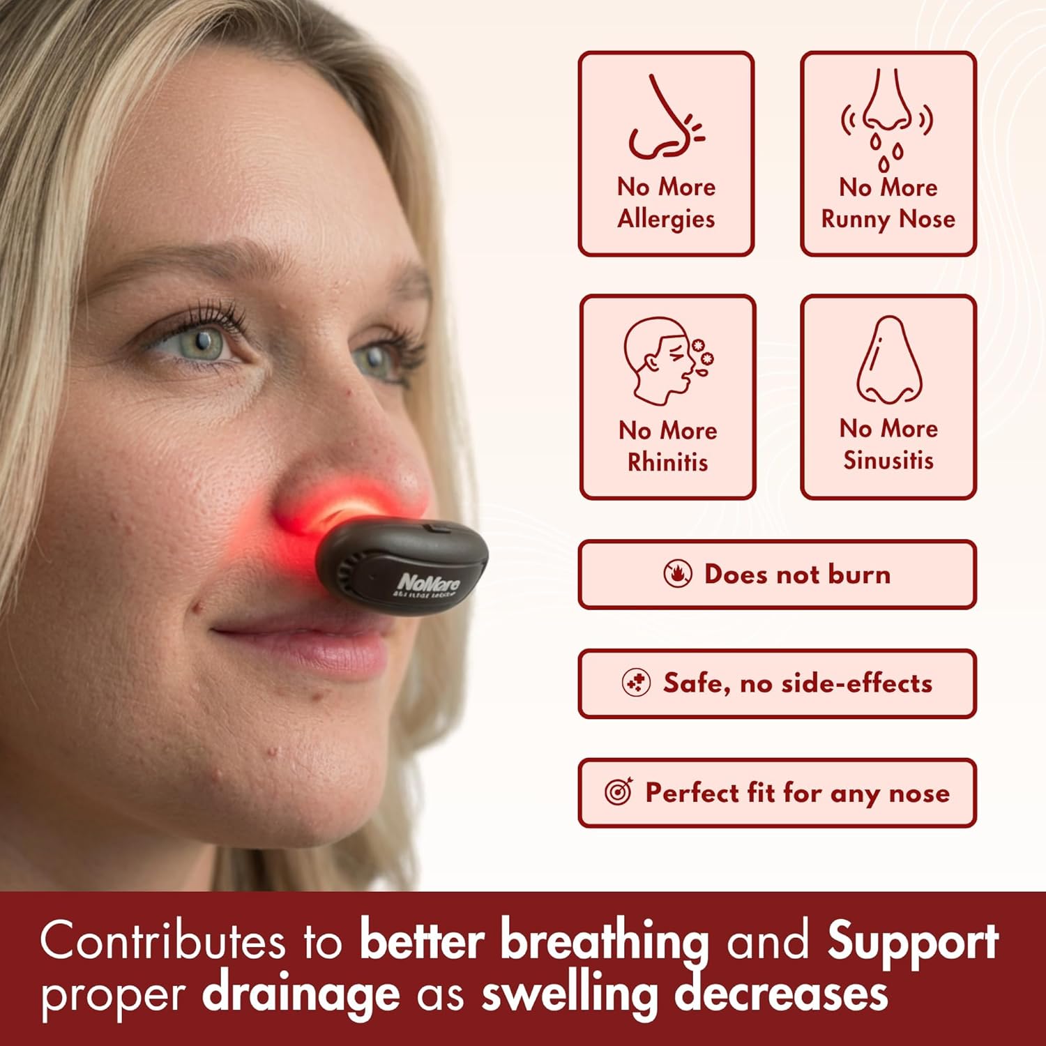 Original NoMore Red Light Therapy for Nose – LED Nasal Device for Dry Nose & Sinus Comfort, No More Colds, USB-Rechargeable Light Therapy