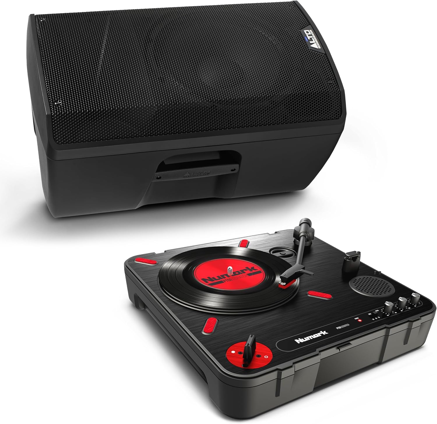 Numark PT01 Scratch Portable DJ Turntable | Scratch Switch, Built-In Speaker, 3-Speed Playback, USB Out, AC and Battery Power for Portablists