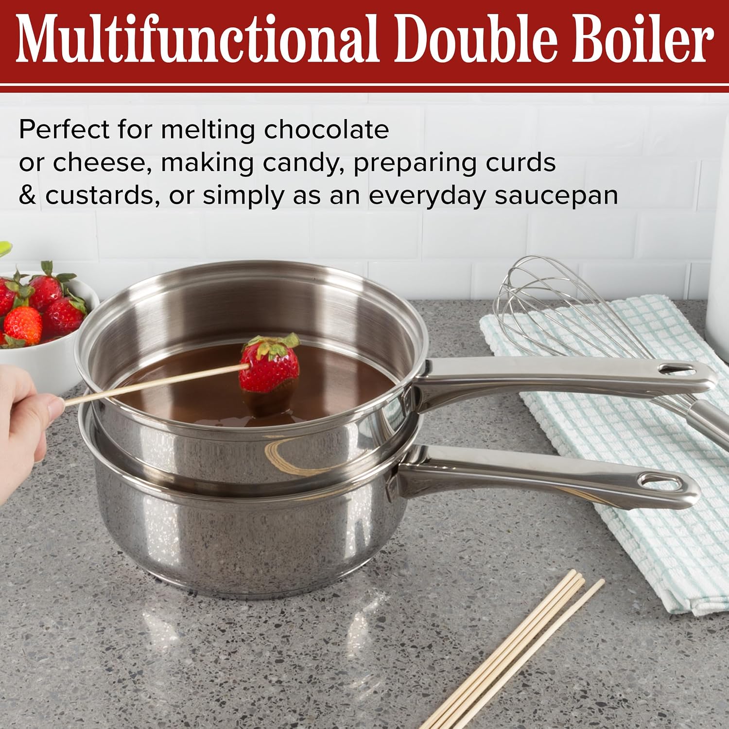 6 Cup Double Boiler Pot Set – 1.5 Quart Stainless-Steel Saucepan 2-in-1 with Vented Glass Lid – Kitchen Cookware with Measurements by Classic