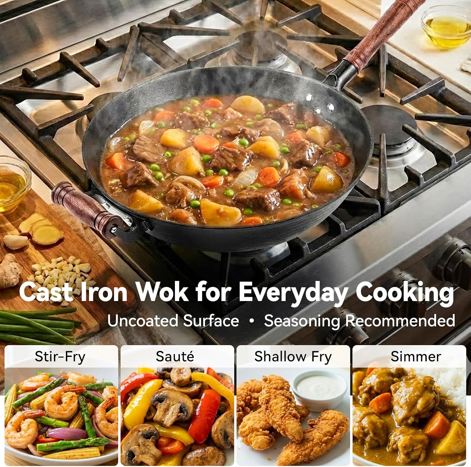 WANGYUANJI 12.6 Inch Cast Iron Wok with Wooden Lid, Handcrafted Flat Bottom Chinese Stir Fry Pan, Uncoated Heavy-Duty Iron Wok for Induction, Gas