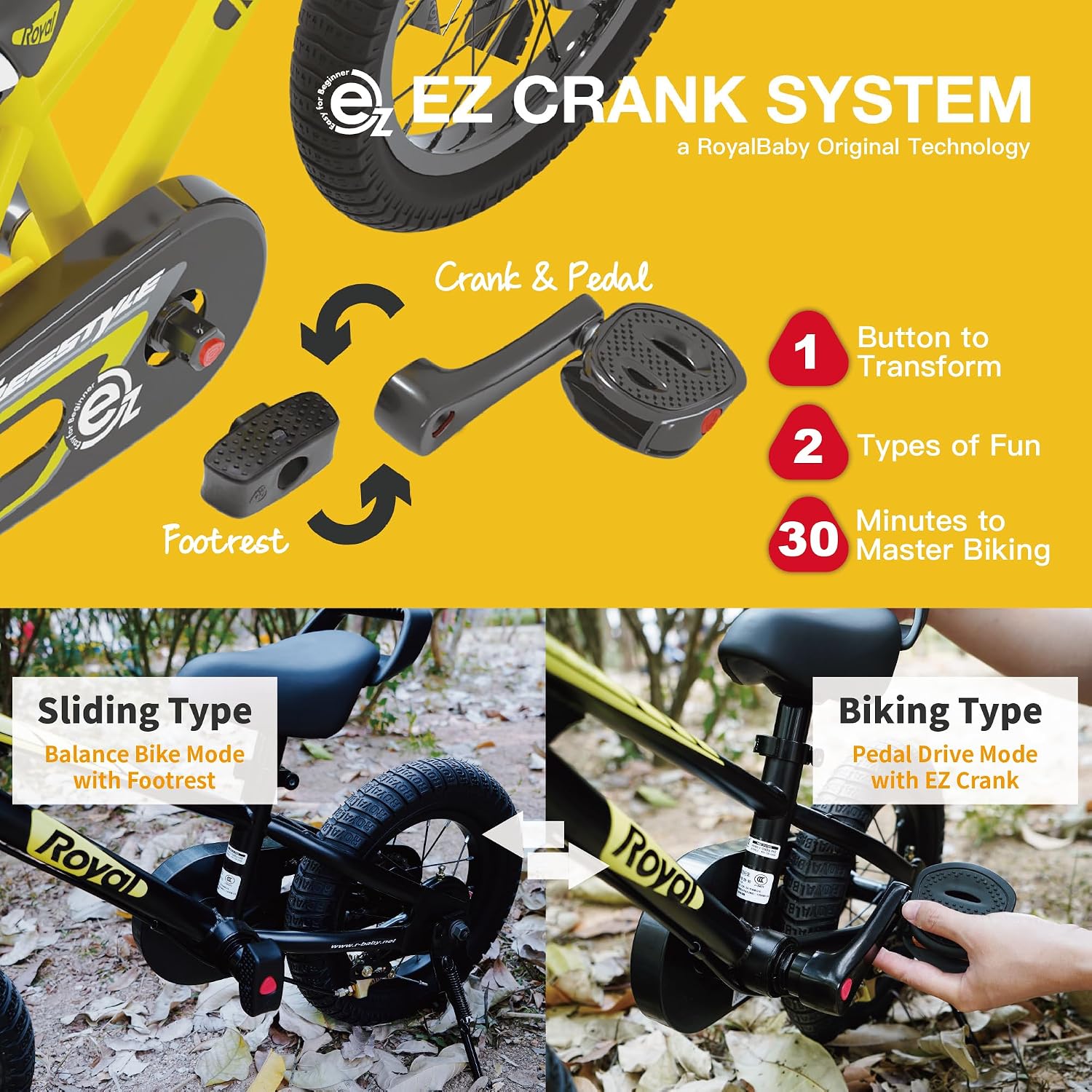 RoyalBaby EZ Kids Bike 12 14 16 18 20 Inch Balance Pedal 2-in-1 Training Bicycle Boys Girls Ages 3 to 12 Years Easy Learn for Beginners