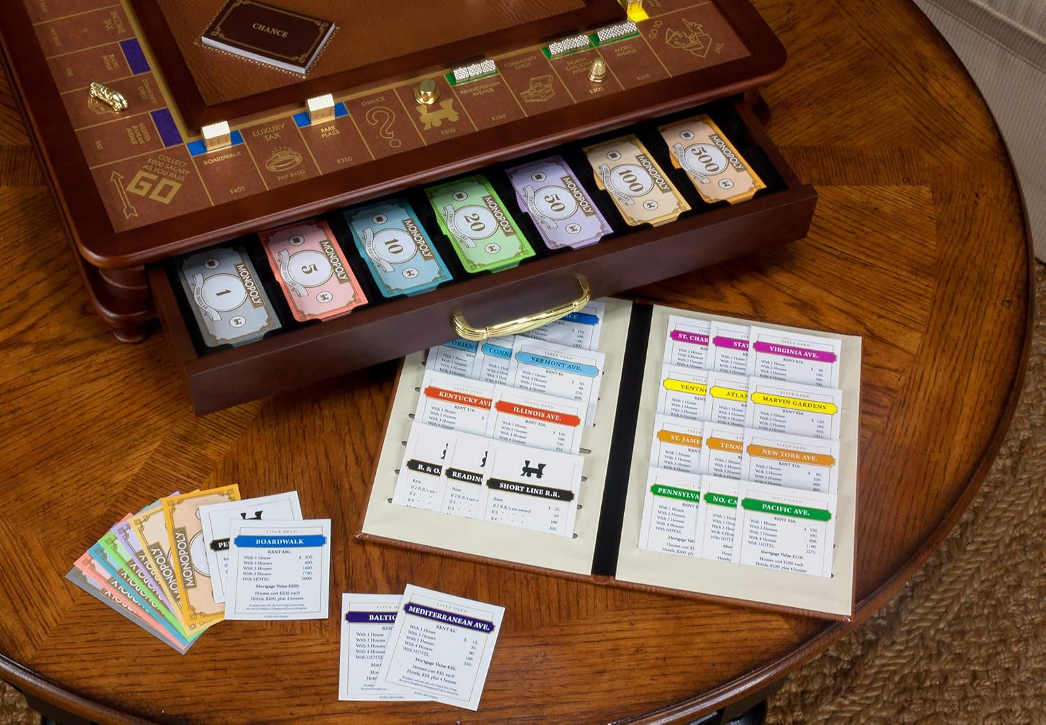 WS Game Company Monopoly Luxury Edition Wooden Board Game Set, 2-6 Players | Luxurious Wood Cabinet, Gold Foil Stamped Game Board