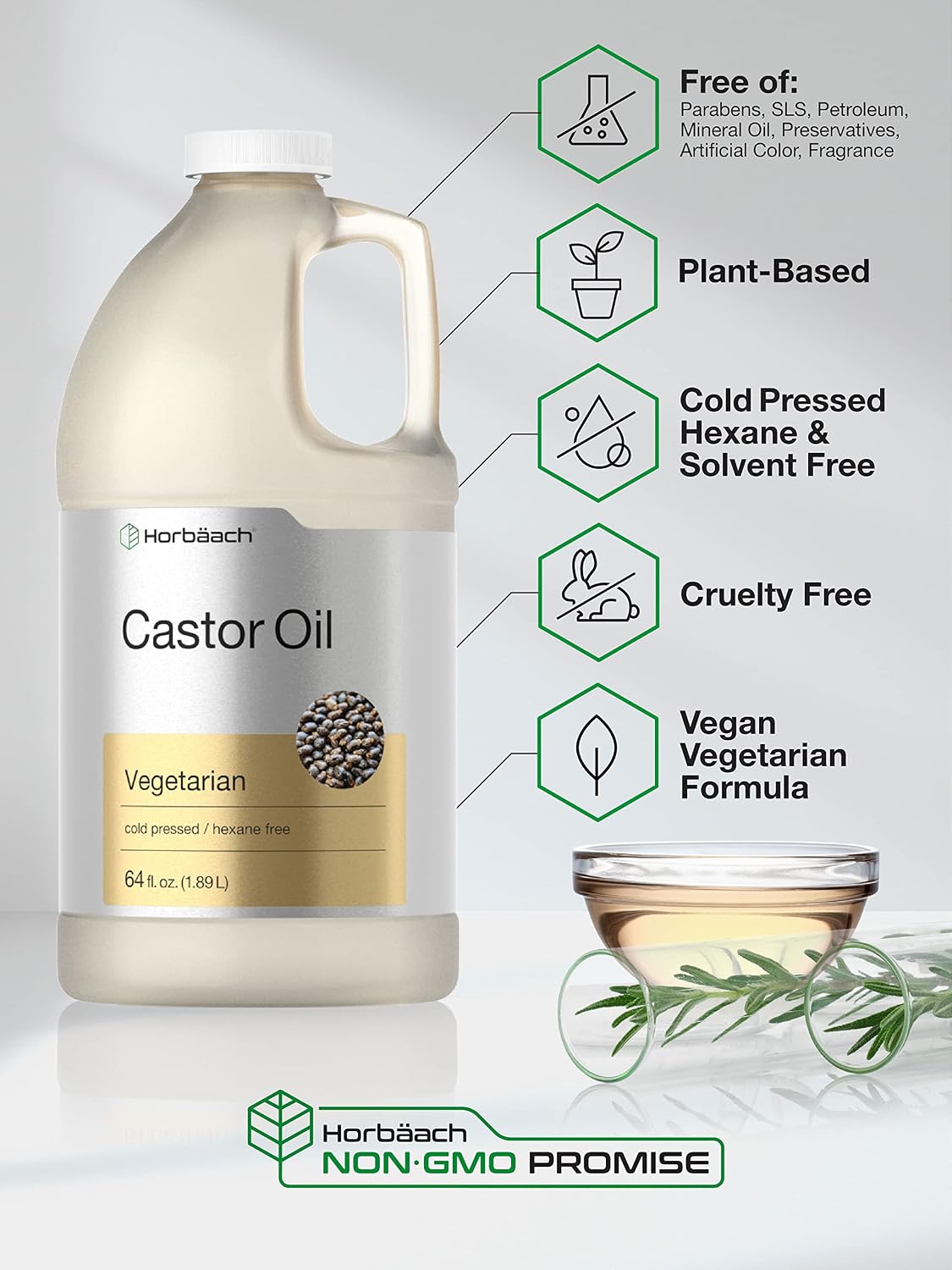 Horbäach Castor Oil 64 oz | For Hair, Eyelashes & Eyebrows | Hexane Free and Cold Pressed | Vegetarian, Non-GMO